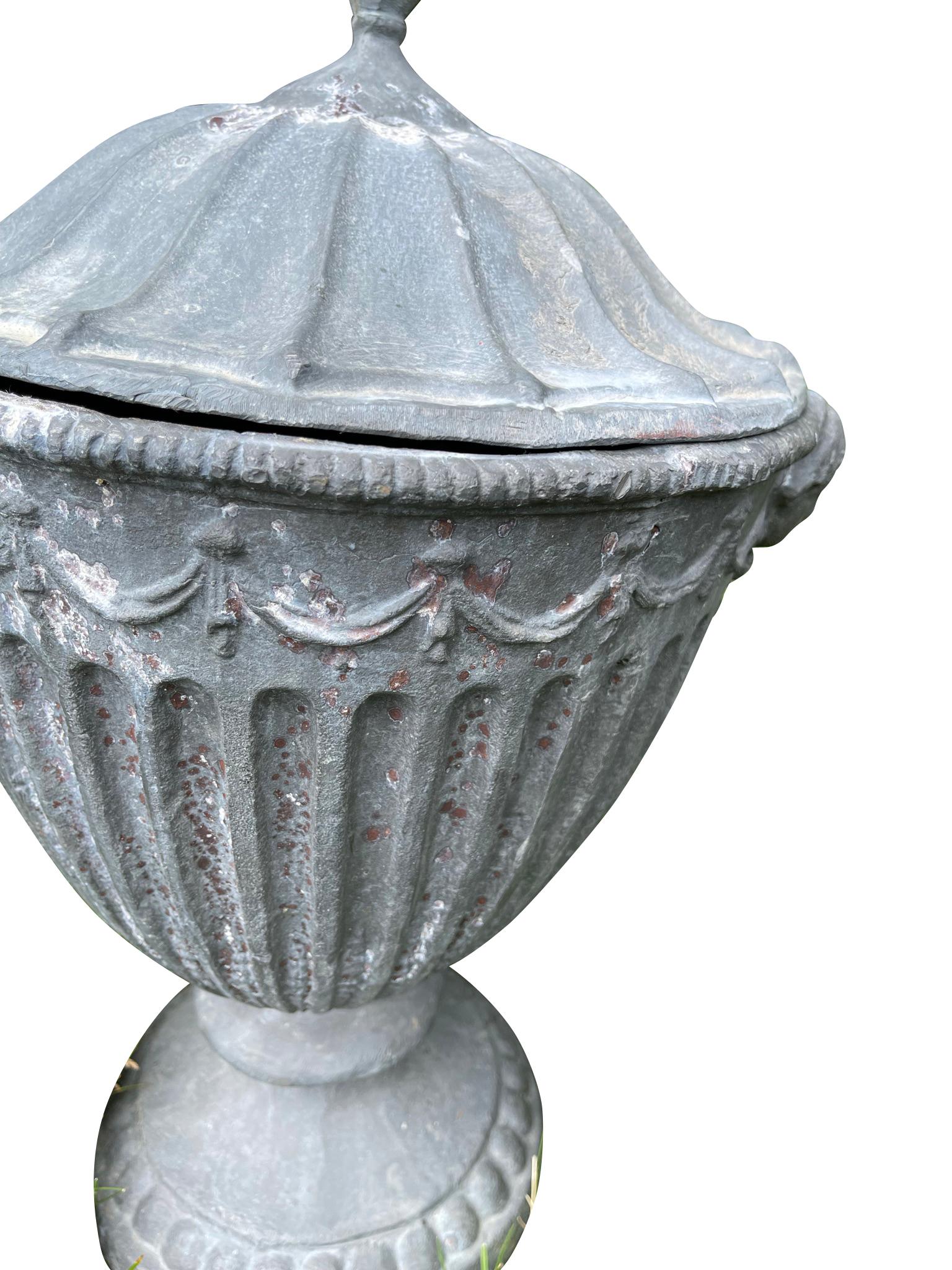 Hand-Crafted 19th Century English Classical Pair of Lead Garden Urns with Covers Grey  For Sale