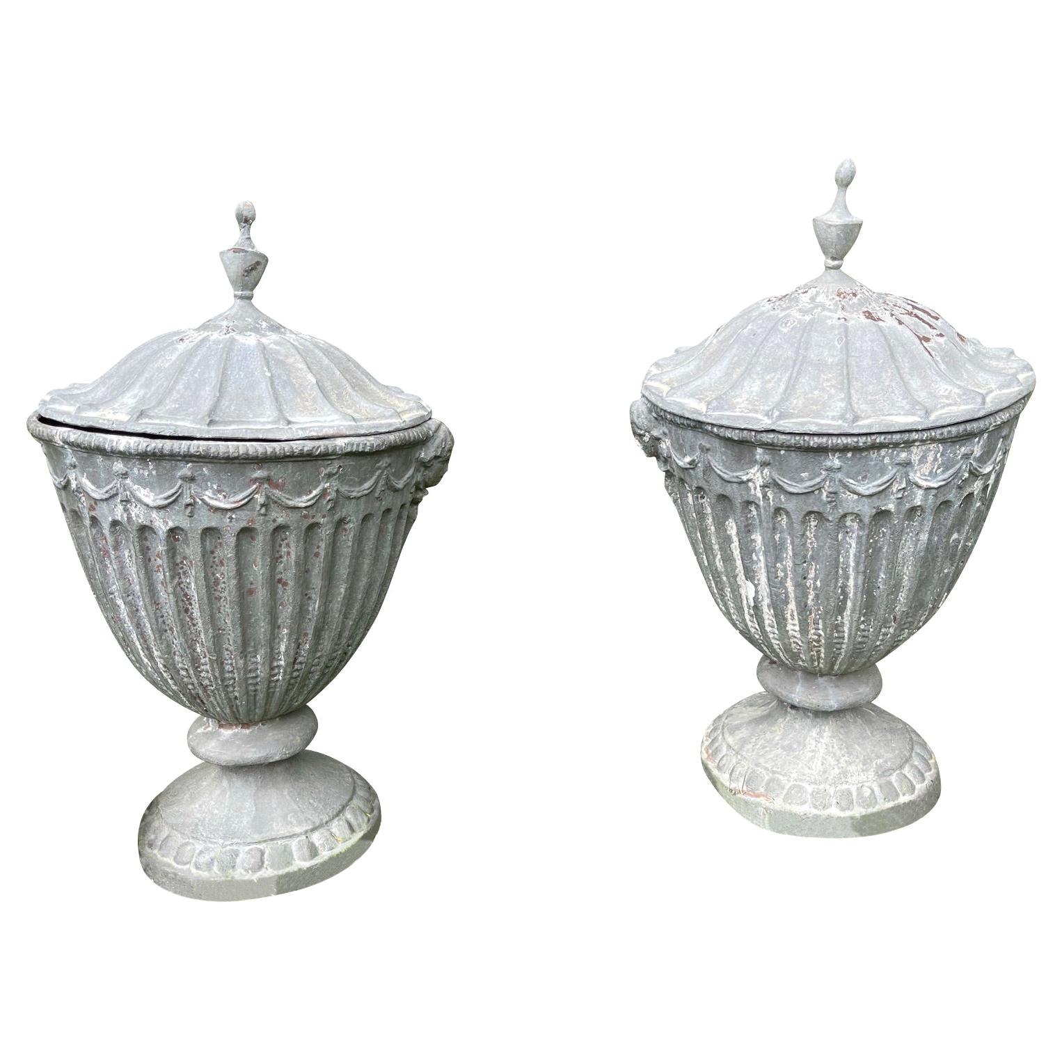19th Century English Classical Pair of Lead Garden Urns with Covers Grey  For Sale