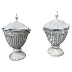 19th Century English Classical Pair of Lead Garden Urns with Covers Grey 