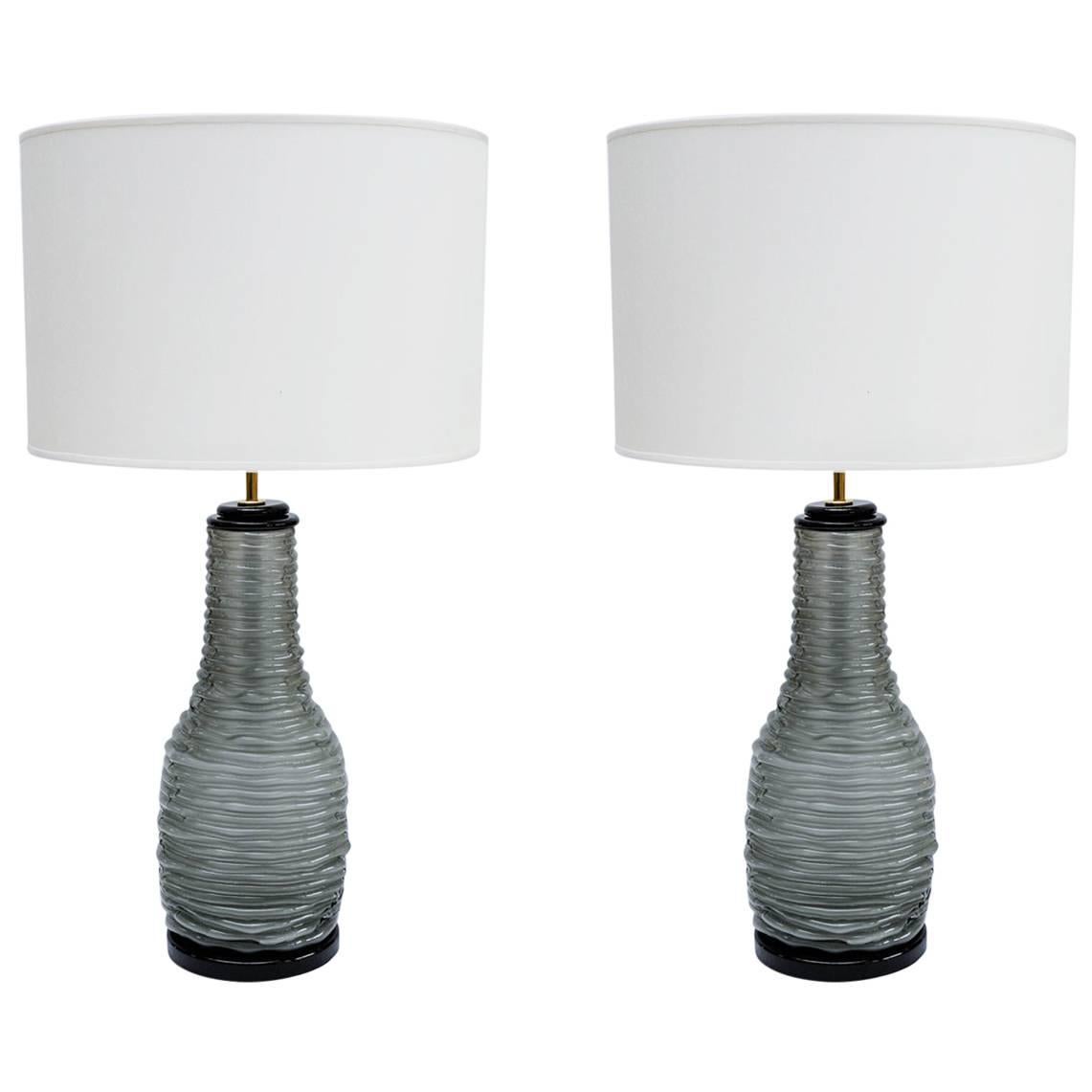 Paire de Lampes de Table en Verre de Murano Gris et Noir en vente