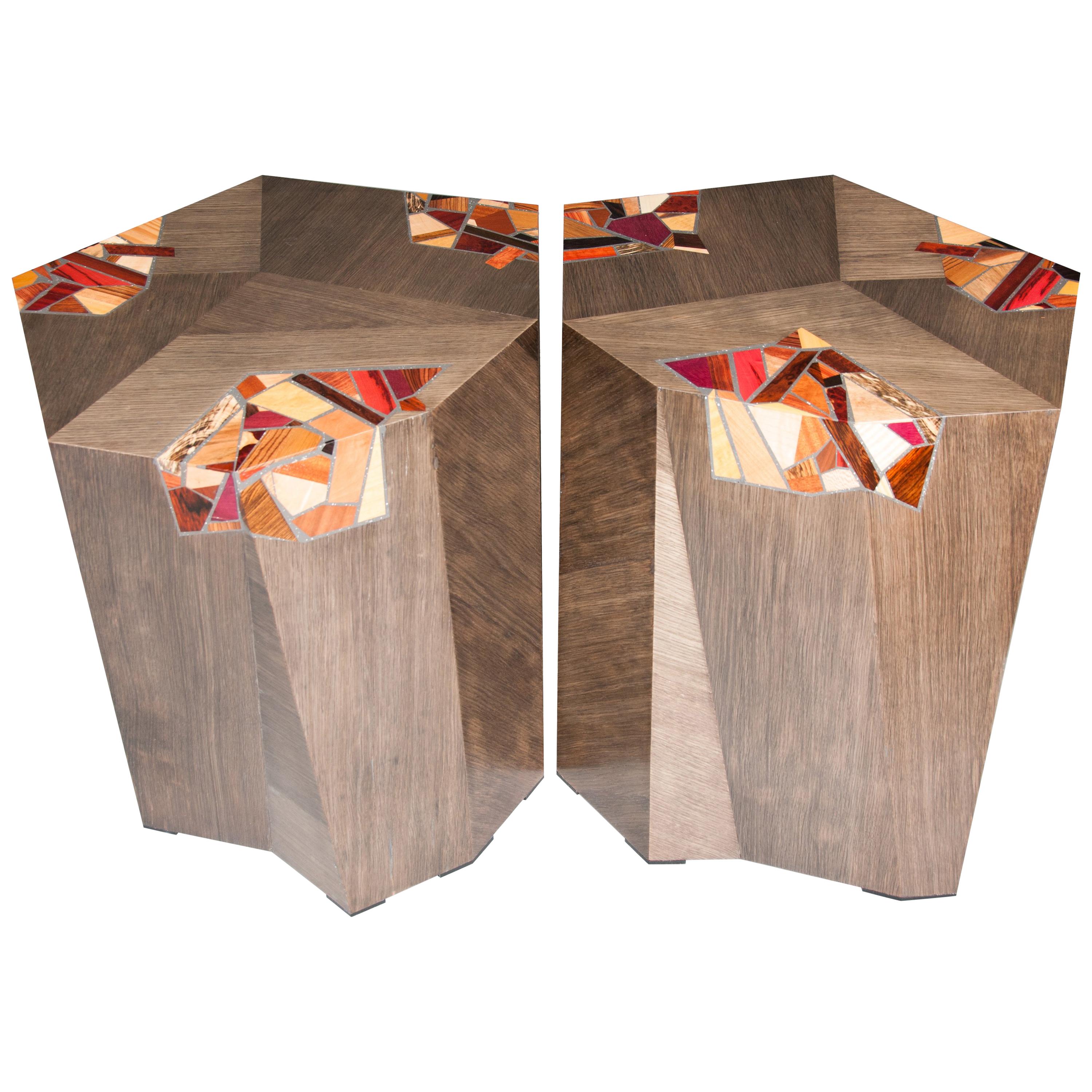 Pair of Grey Angular Pedestal Form Modernists Mosaic Decorated Occasional Tables For Sale