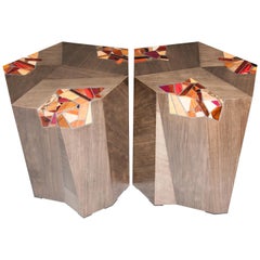 Pair of Grey Angular Pedestal Form Modernists Mosaic Decorated Occasional Tables