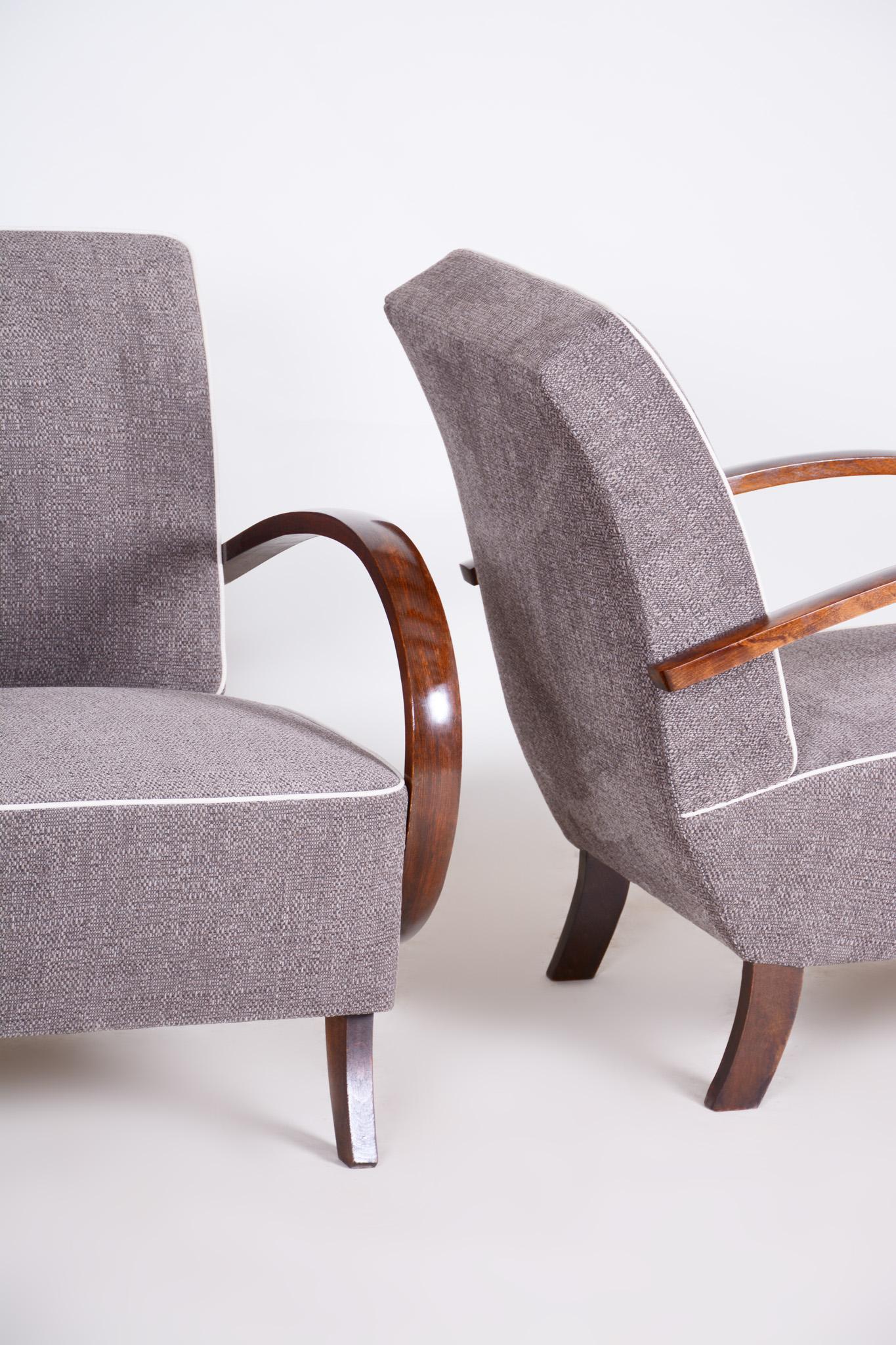 Czech Pair of Grey Art Deco Armchairs Made in the 1930s, Fully Refurbished Beech For Sale