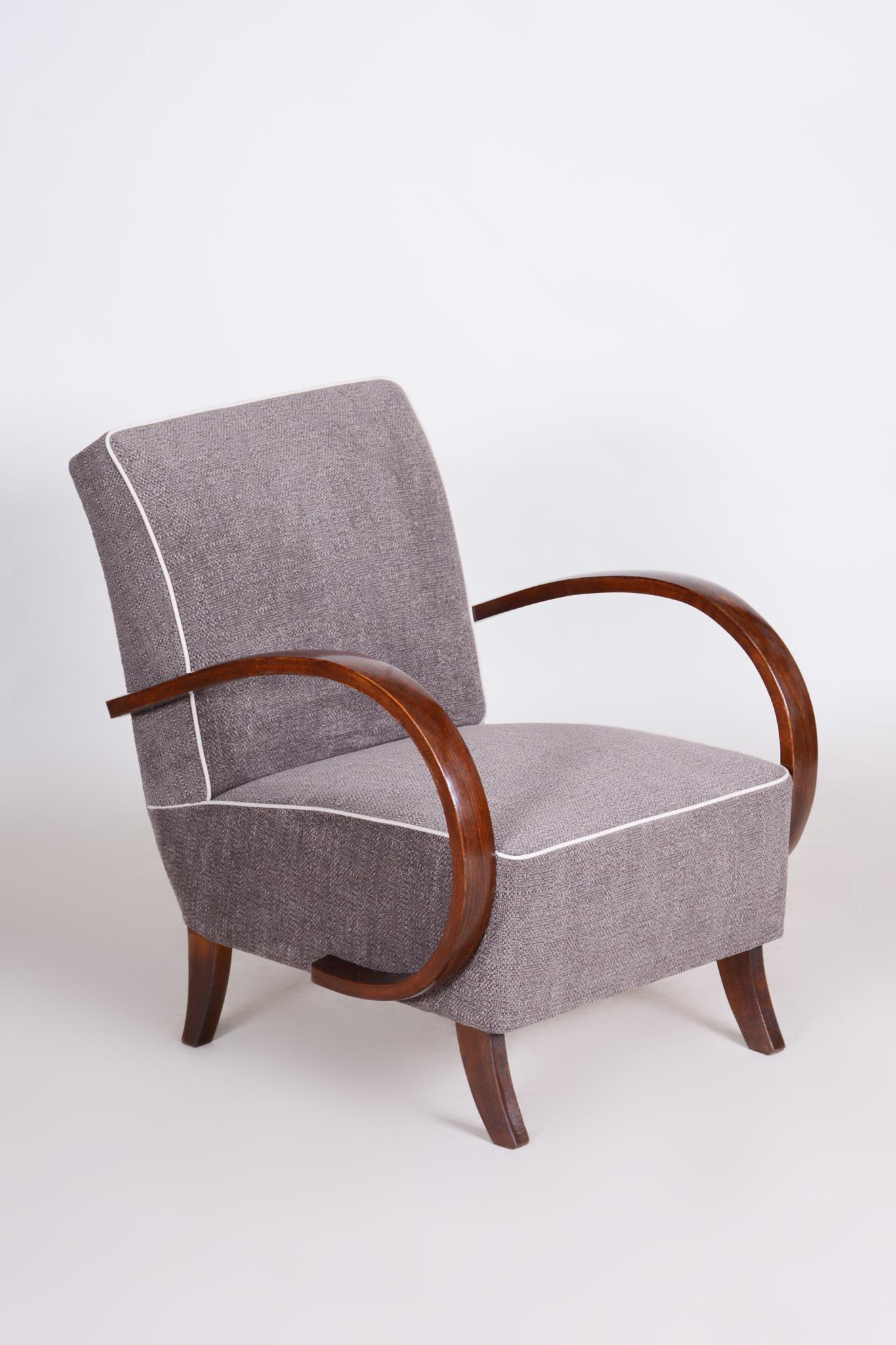 Fabric Pair of Grey Art Deco Armchairs Made in the 1930s, Fully Refurbished Beech For Sale