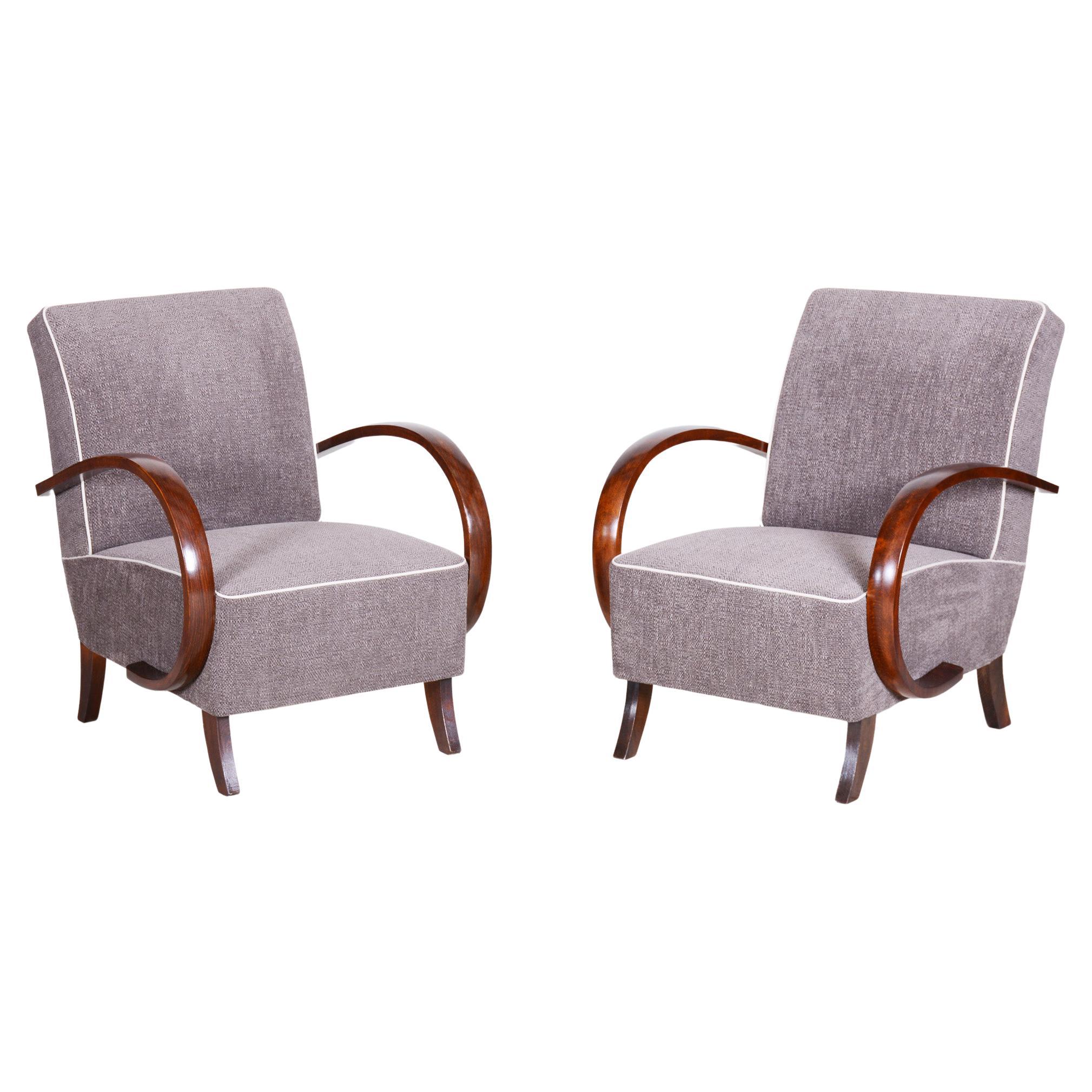 Pair of Grey Art Deco Armchairs Made in the 1930s, Fully Refurbished Beech For Sale