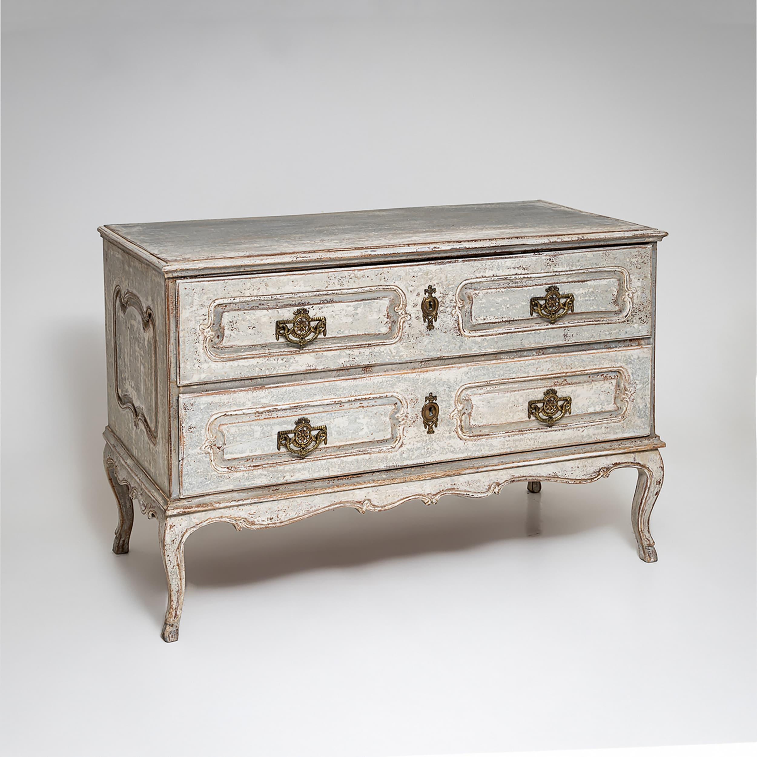 Paar graue Barockkommoden, um 1780 (Holz) im Angebot