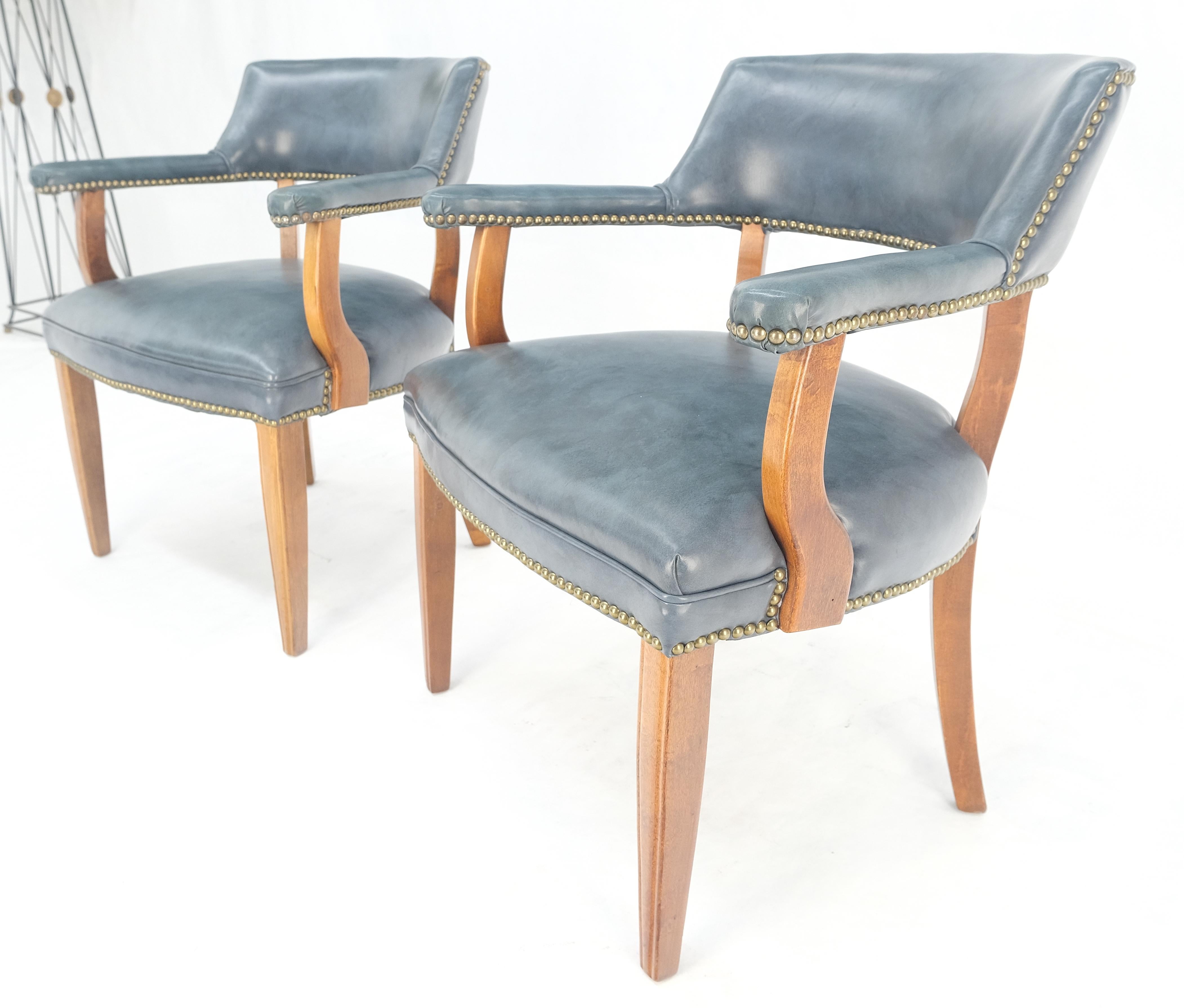 Pair of Grey Blue Leather Upholstery Vintage c1960s Banker Arm Chairs MINT For Sale 3