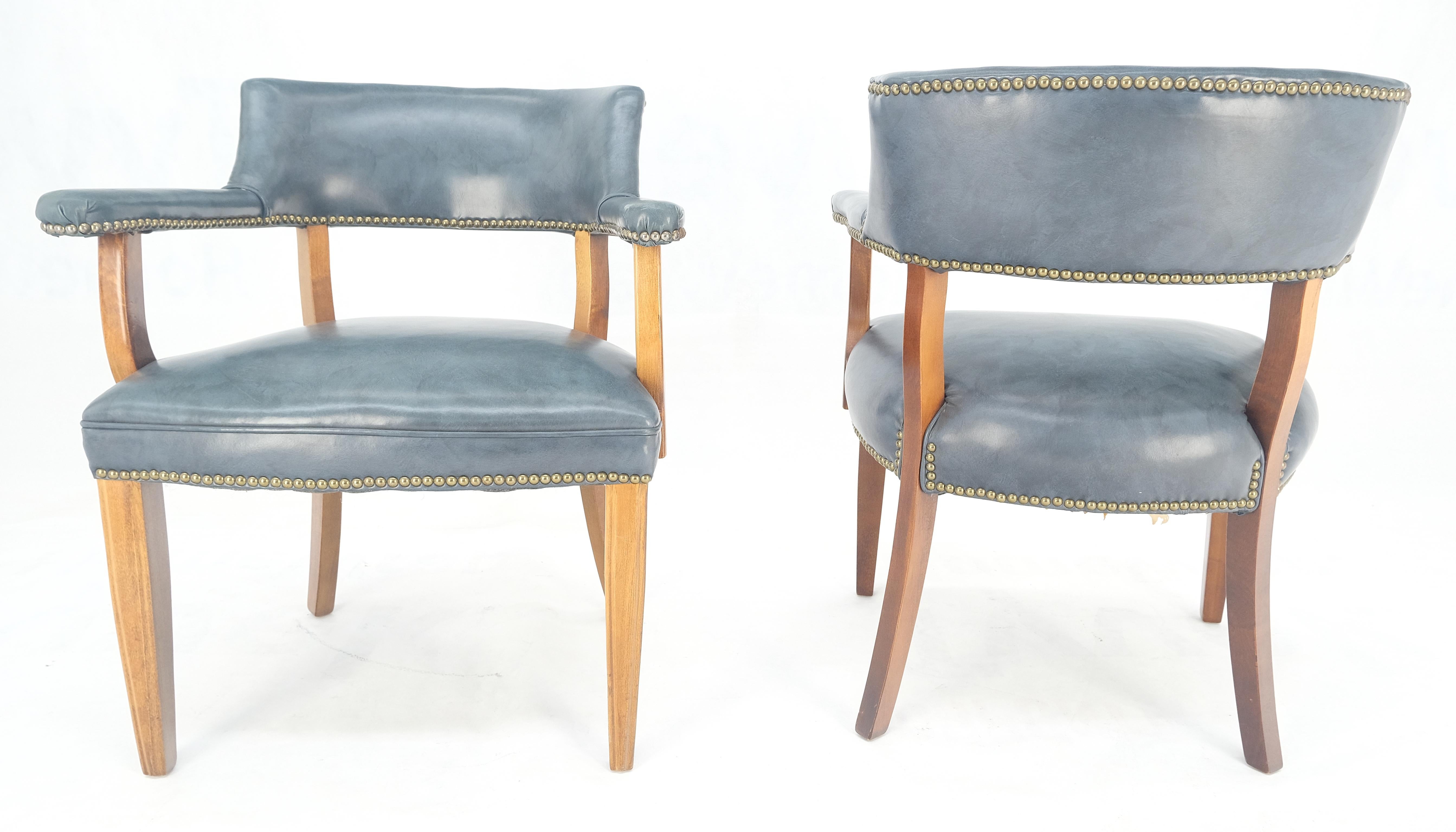 Pair of Grey Blue Leather Upholstery Vintage c1960s Banker Arm Chairs MINT For Sale 4