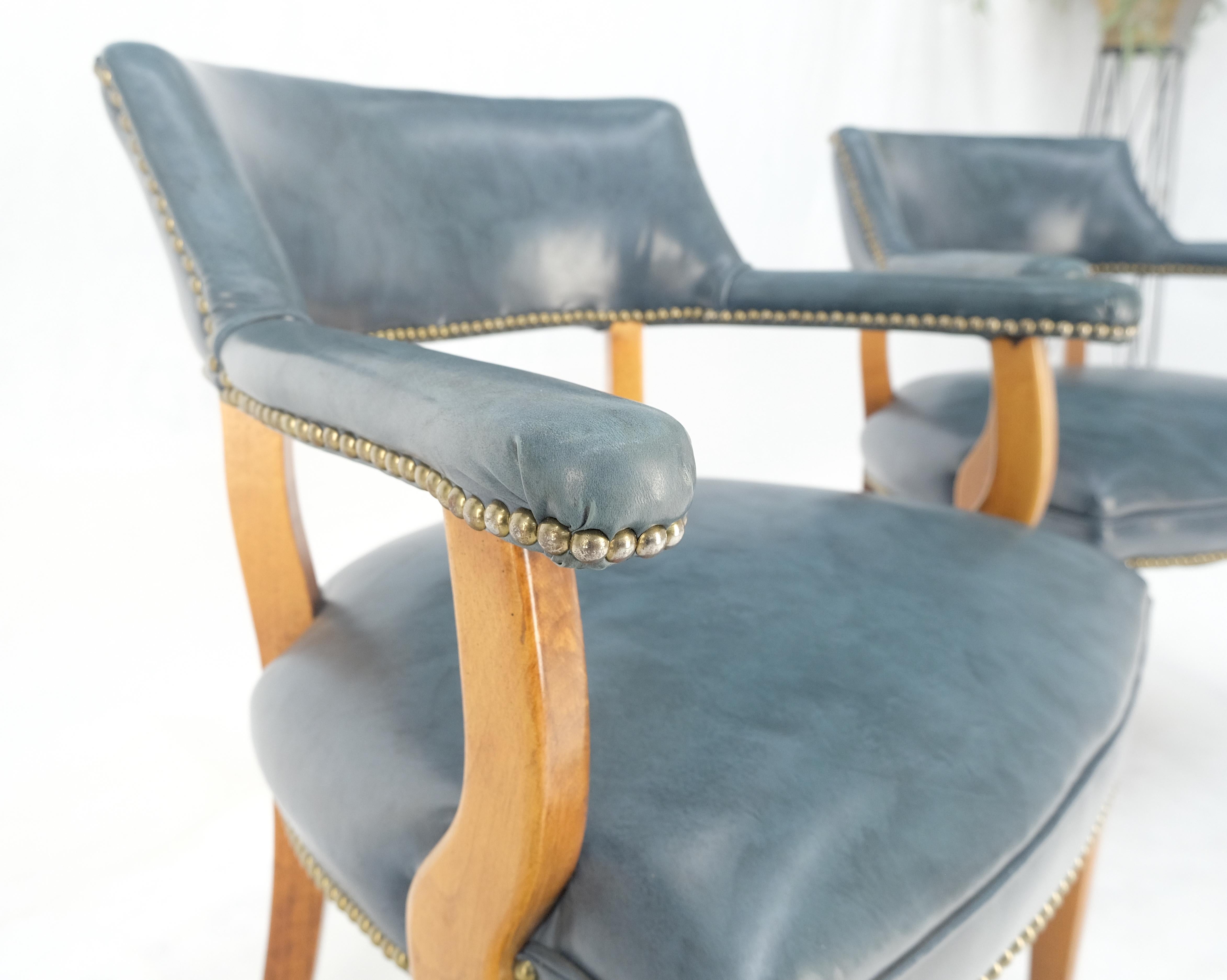 Mid-Century Modern Pair of Grey Blue Leather Upholstery Vintage c1960s Banker Arm Chairs MINT For Sale