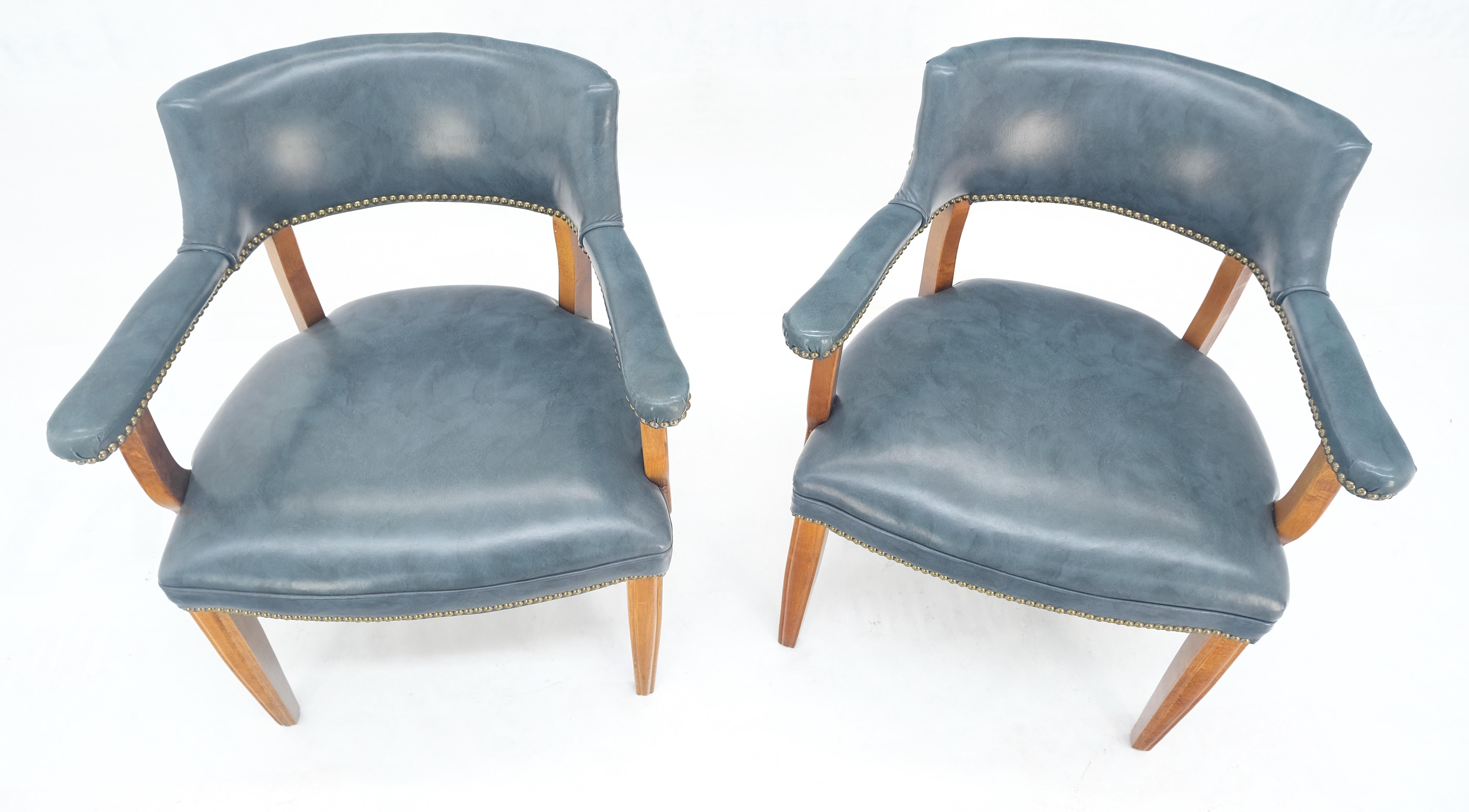 American Pair of Grey Blue Leather Upholstery Vintage c1960s Banker Arm Chairs MINT For Sale