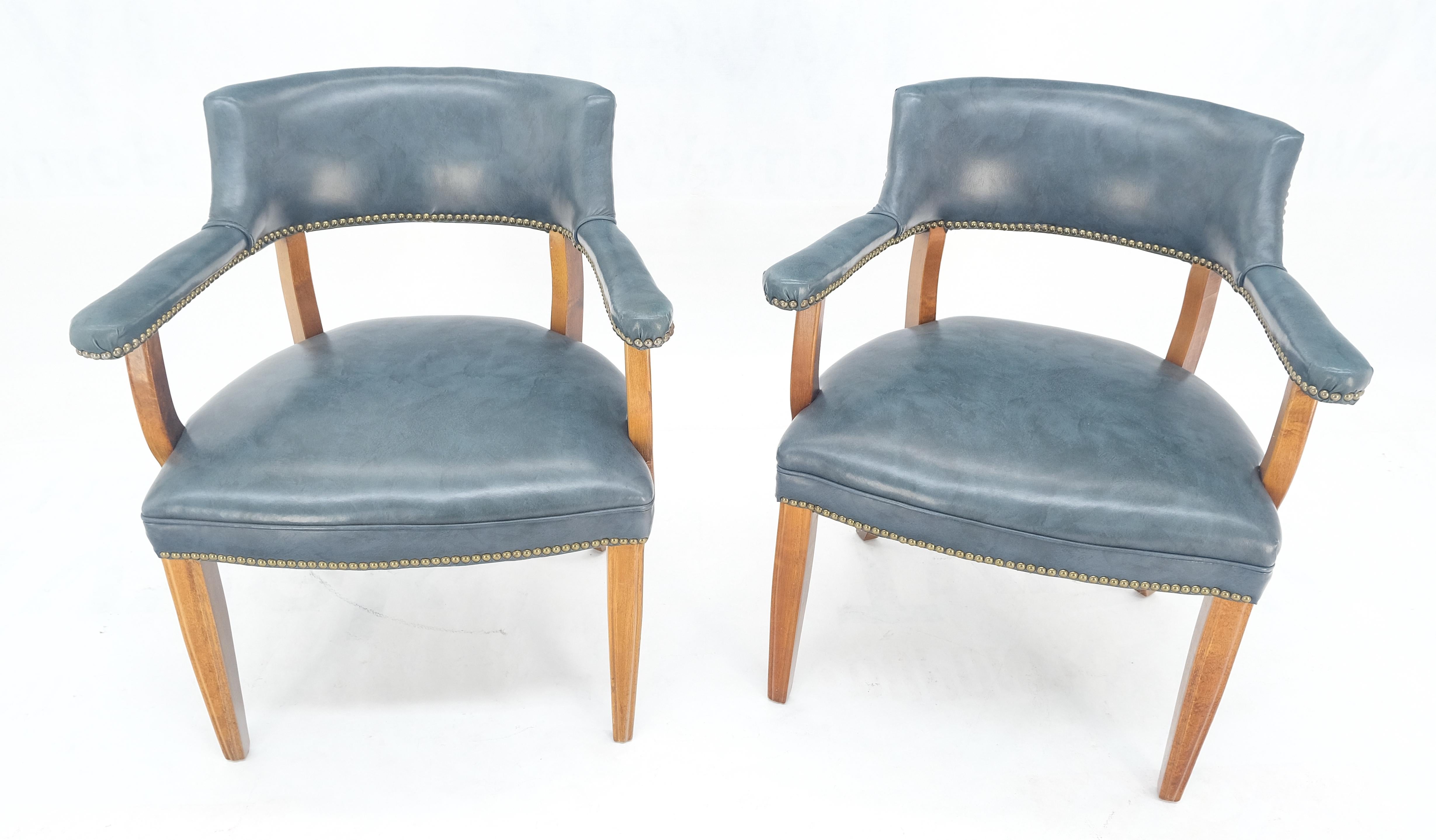 Lacquered Pair of Grey Blue Leather Upholstery Vintage c1960s Banker Arm Chairs MINT For Sale