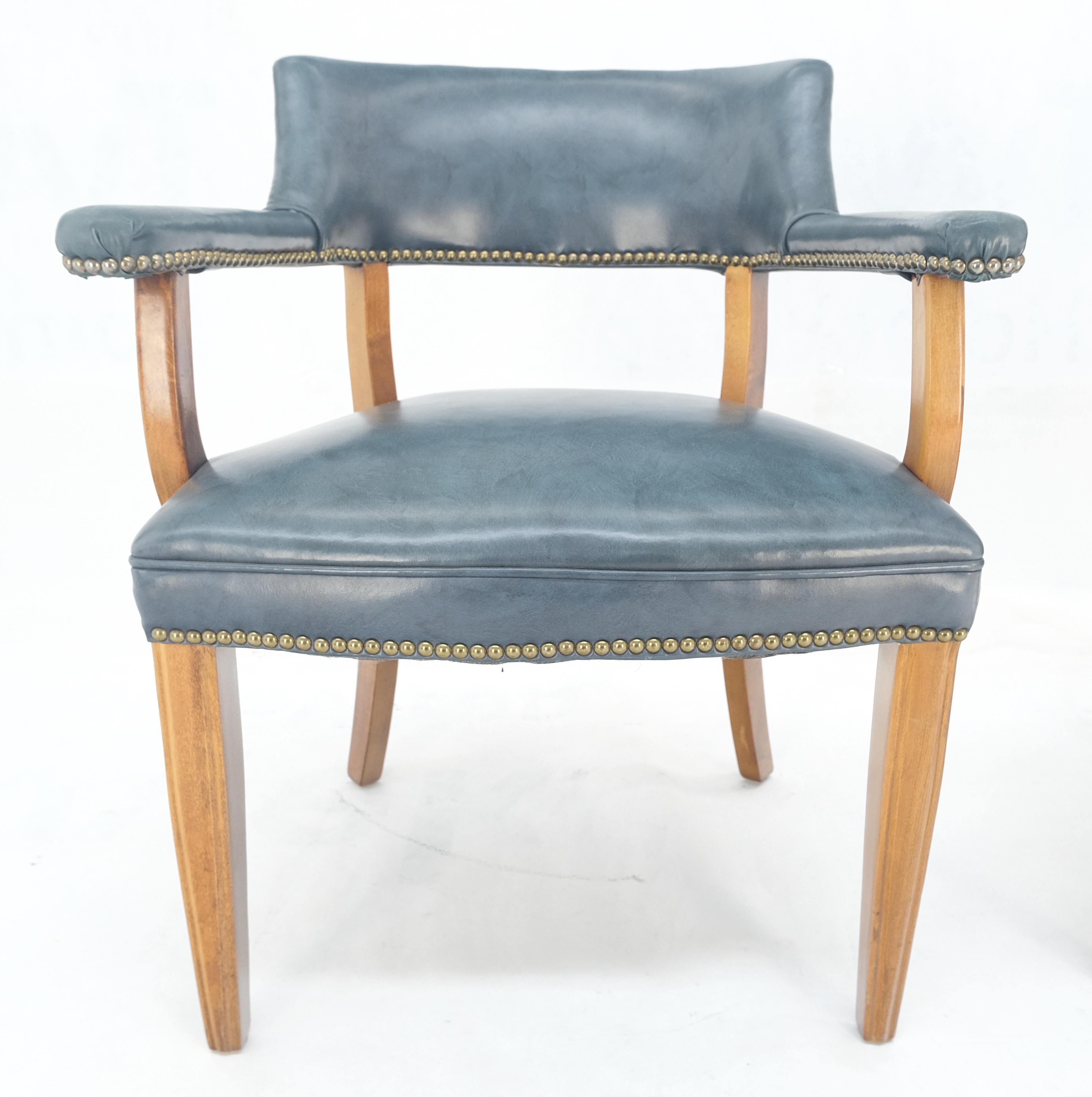 Pair of Grey Blue Leather Upholstery Vintage c1960s Banker Arm Chairs MINT In Excellent Condition For Sale In Rockaway, NJ