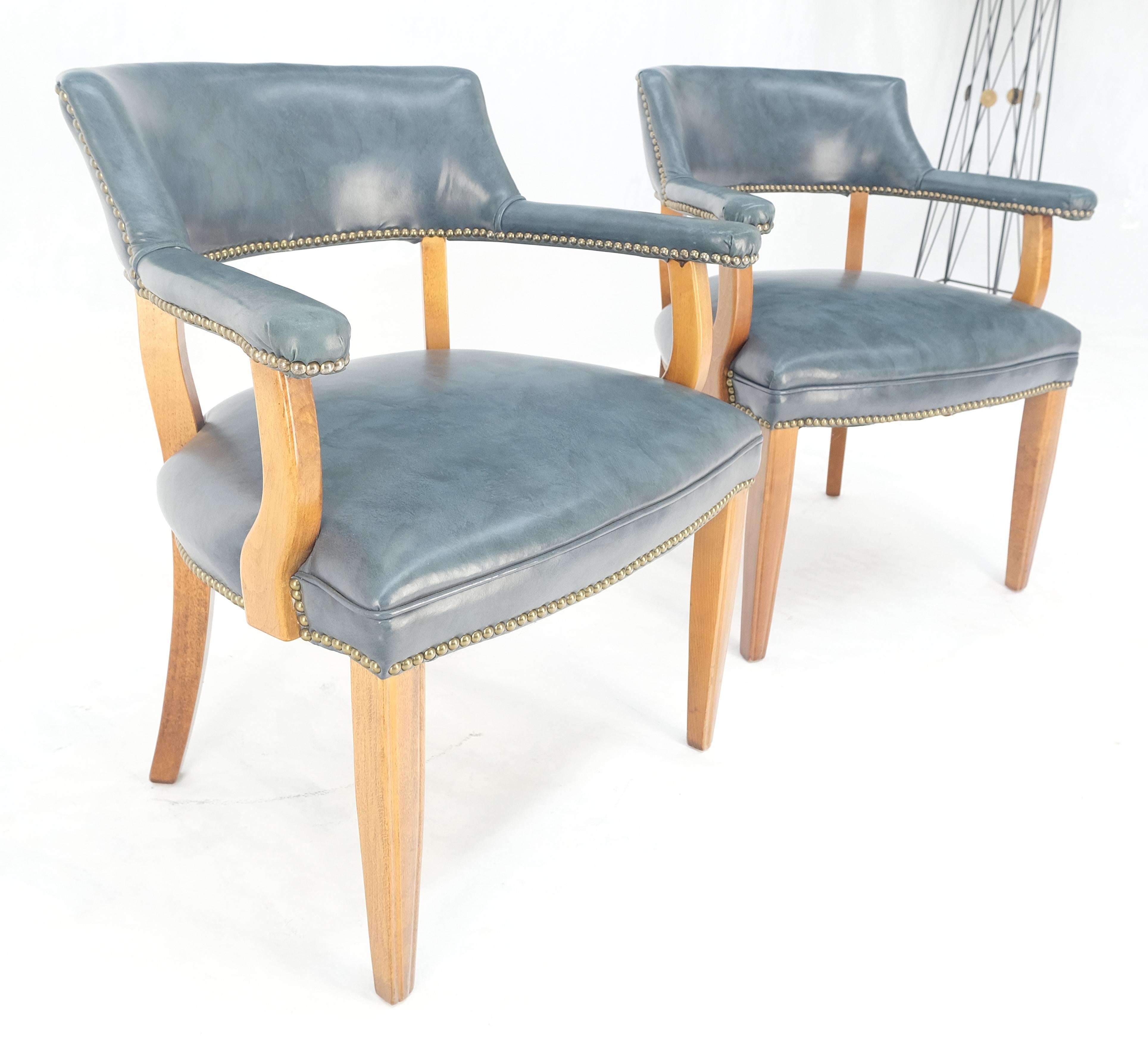 20th Century Pair of Grey Blue Leather Upholstery Vintage c1960s Banker Arm Chairs MINT For Sale