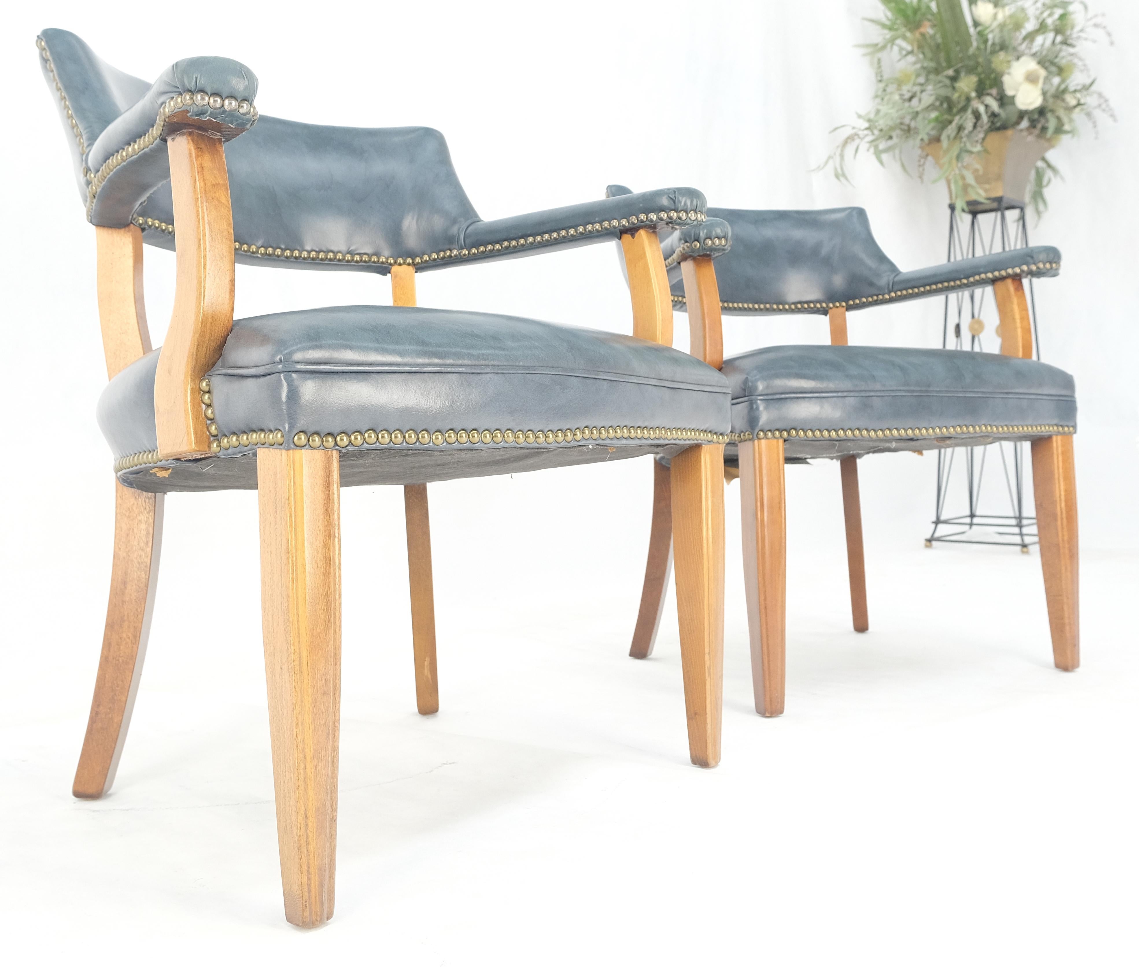 Brass Pair of Grey Blue Leather Upholstery Vintage c1960s Banker Arm Chairs MINT For Sale