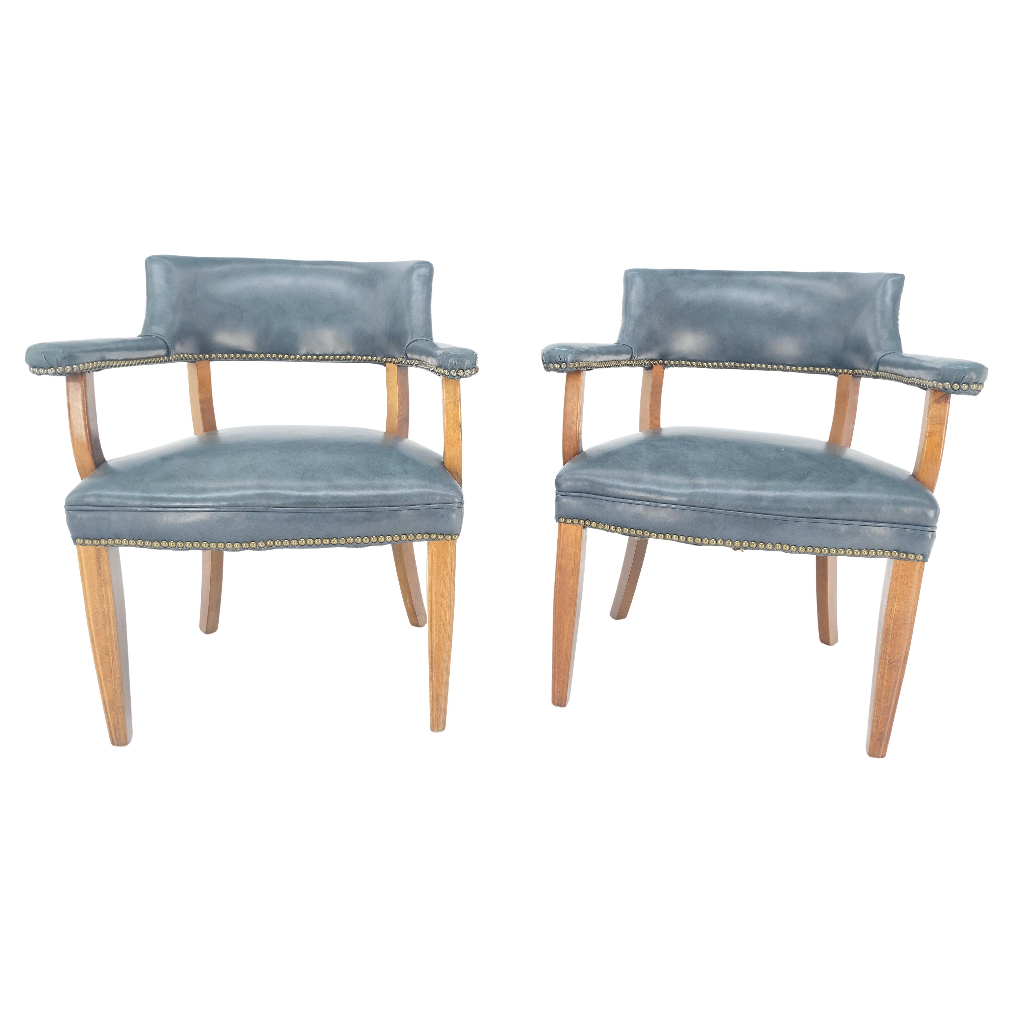 Pair of Grey Blue Leather Upholstery Vintage c1960s Banker Arm Chairs MINT For Sale