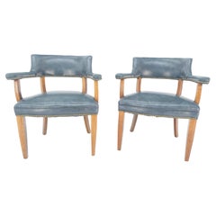Pair of Grey Blue Leather Upholstery Used c1960s Banker Arm Chairs MINT