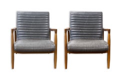 Pair of Grey Callan Room and Board Leather and Walnut Lounge Chairs