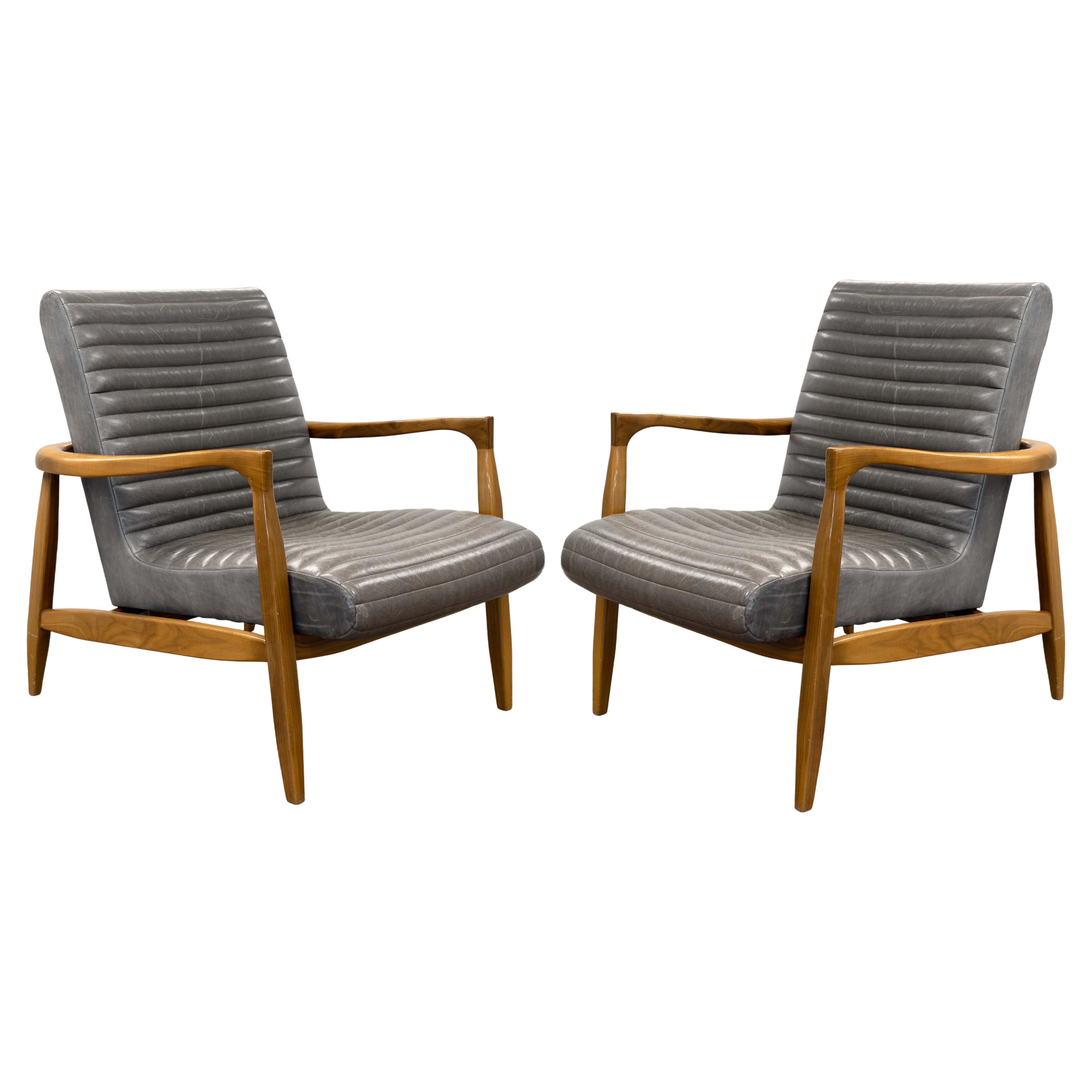 Pair of Grey Callan Room and Board Leather and Walnut Lounge Chairs