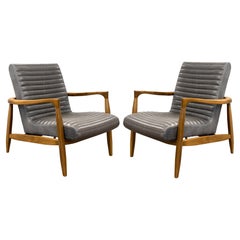 Pair of Grey Callan Room and Board Leather and Walnut Lounge Chairs