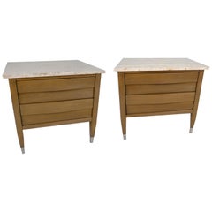 Pair of Grey Cerused and Travertine Marble Top Nightstands, Merton Gershun