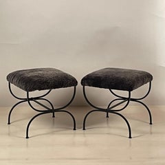 Pair of Grey Fur 'Strapontin' Stools by Design Frères