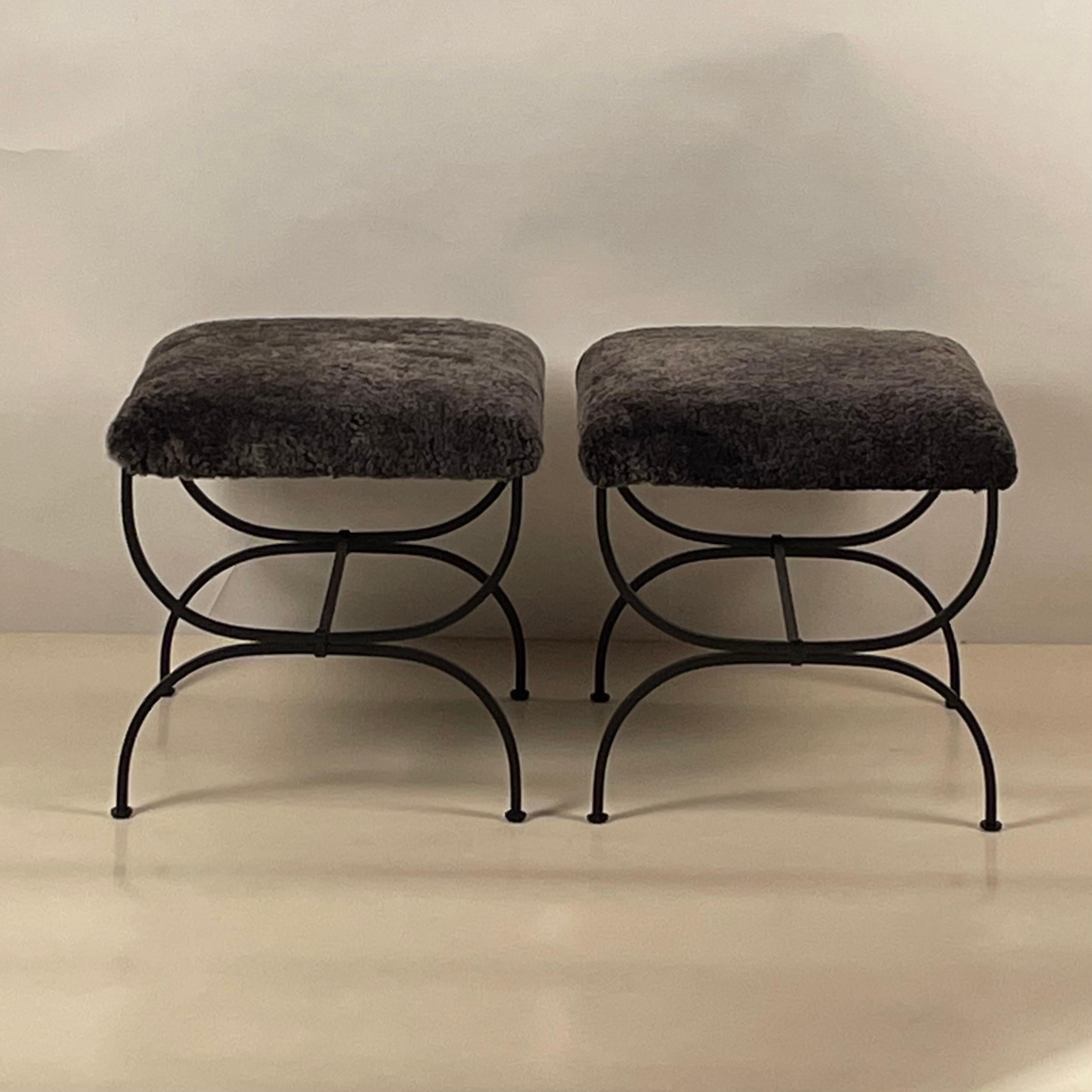 Art Deco Pair of Grey Fur 'Strapontin' Stools by Design Frères For Sale