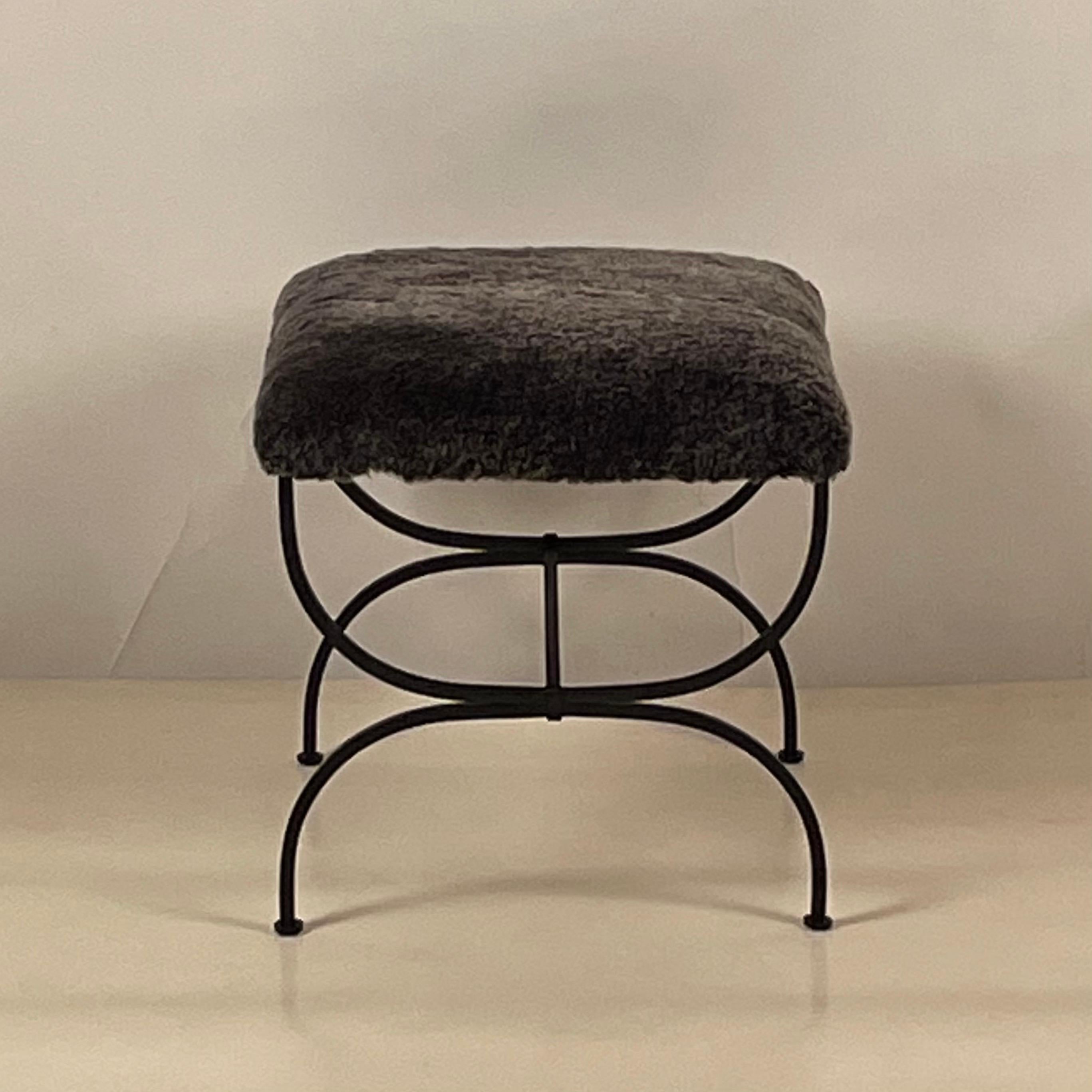 Painted Pair of Grey Fur 'Strapontin' Stools by Design Frères For Sale