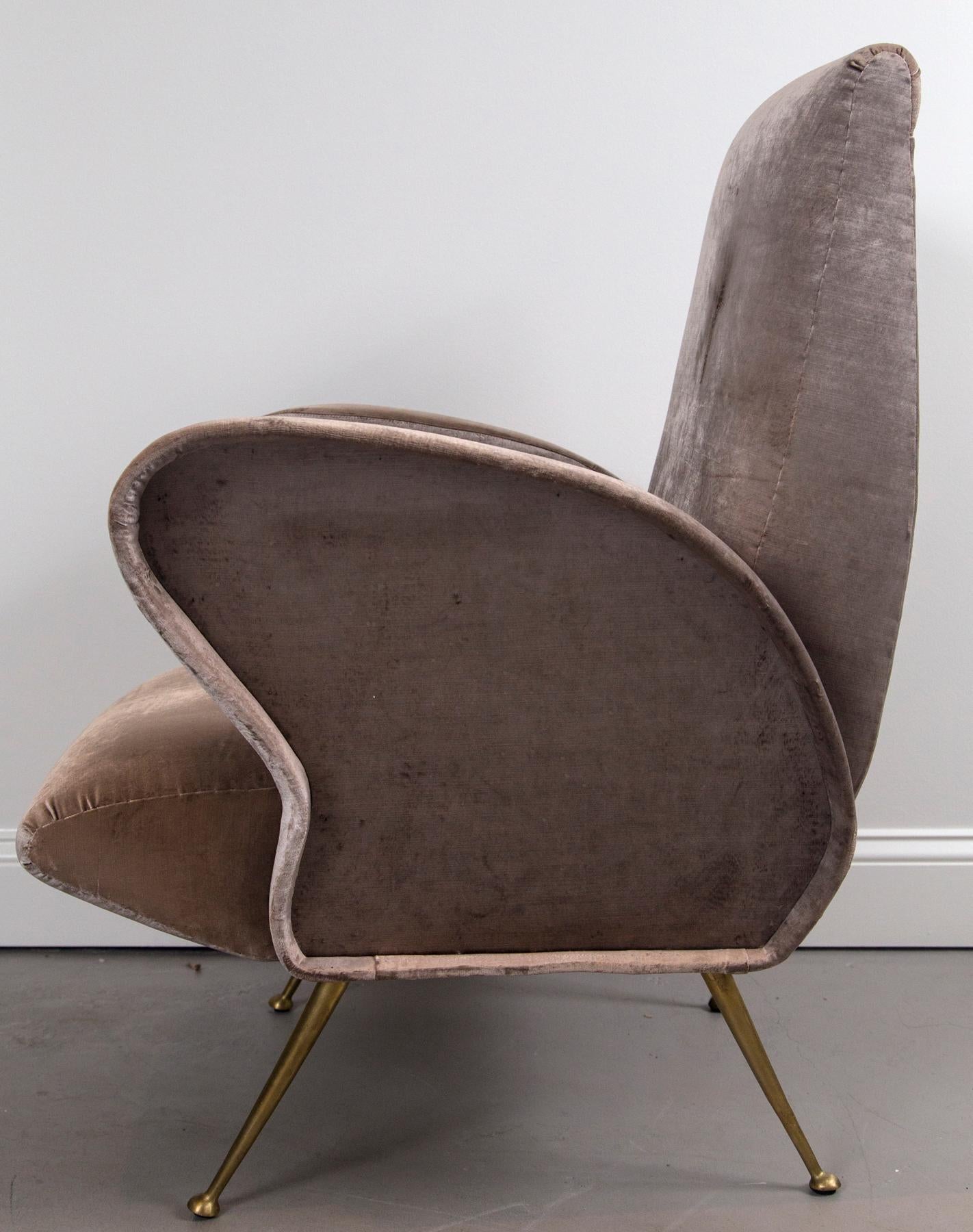 Brass Pair of Grey Italian Silk Velvet Chairs, in the Style of Gio Ponti For Sale