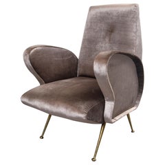 Pair of Grey Italian Silk Velvet Chairs, in the Style of Gio Ponti