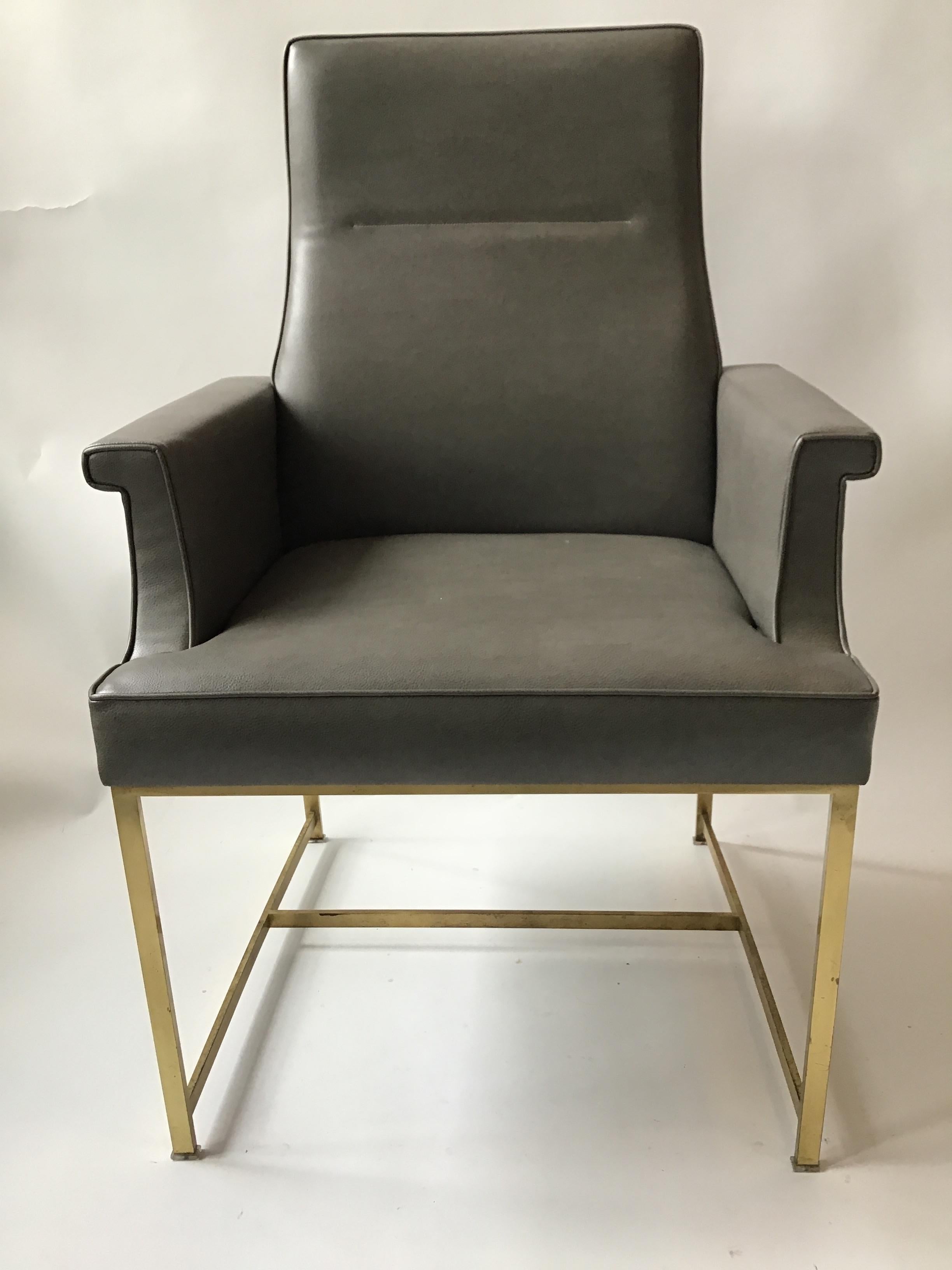 Contemporary Pair of Grey Leather Armchairs on Brass Bases