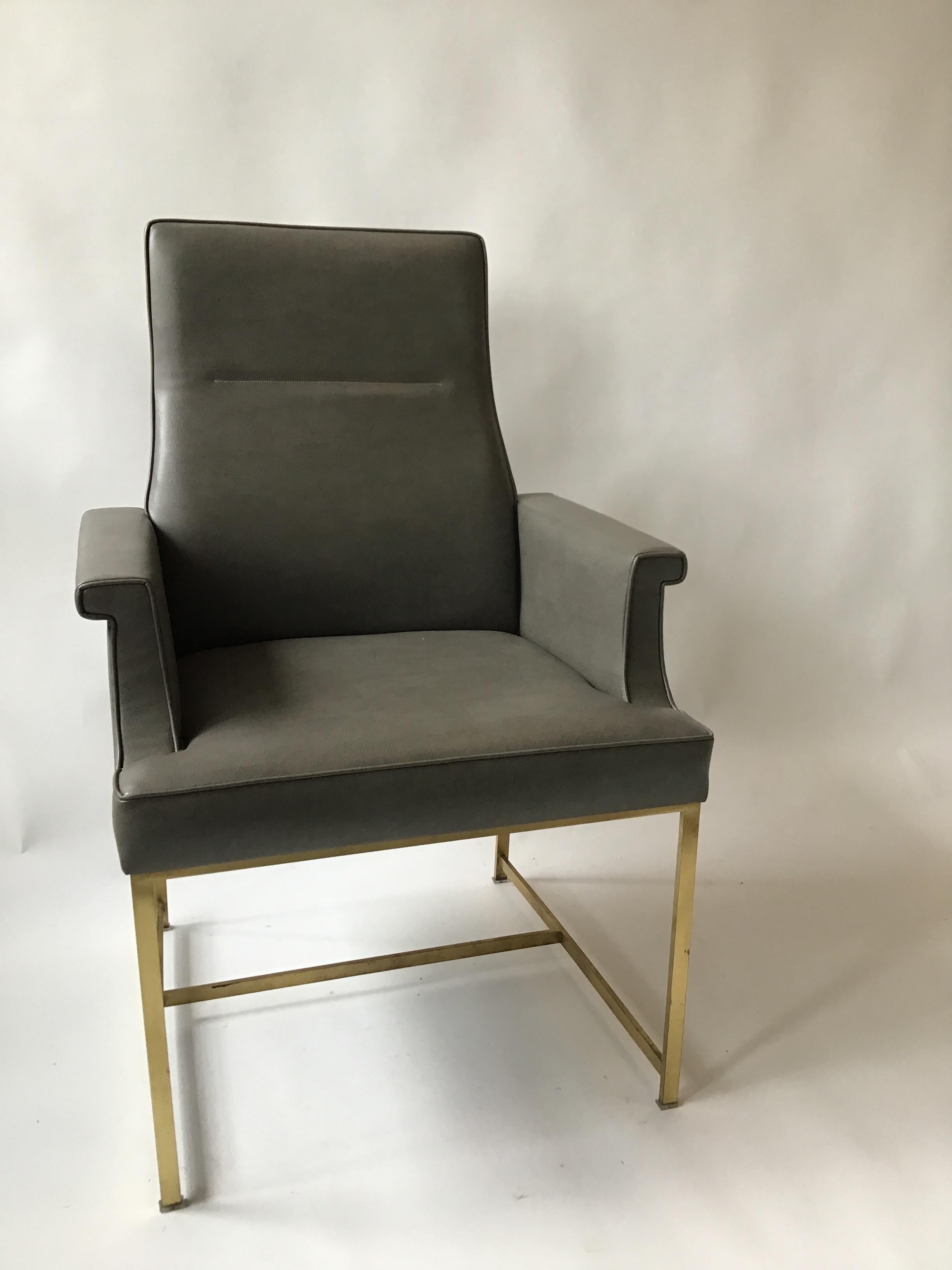 Pair of Grey Leather Armchairs on Brass Bases 1