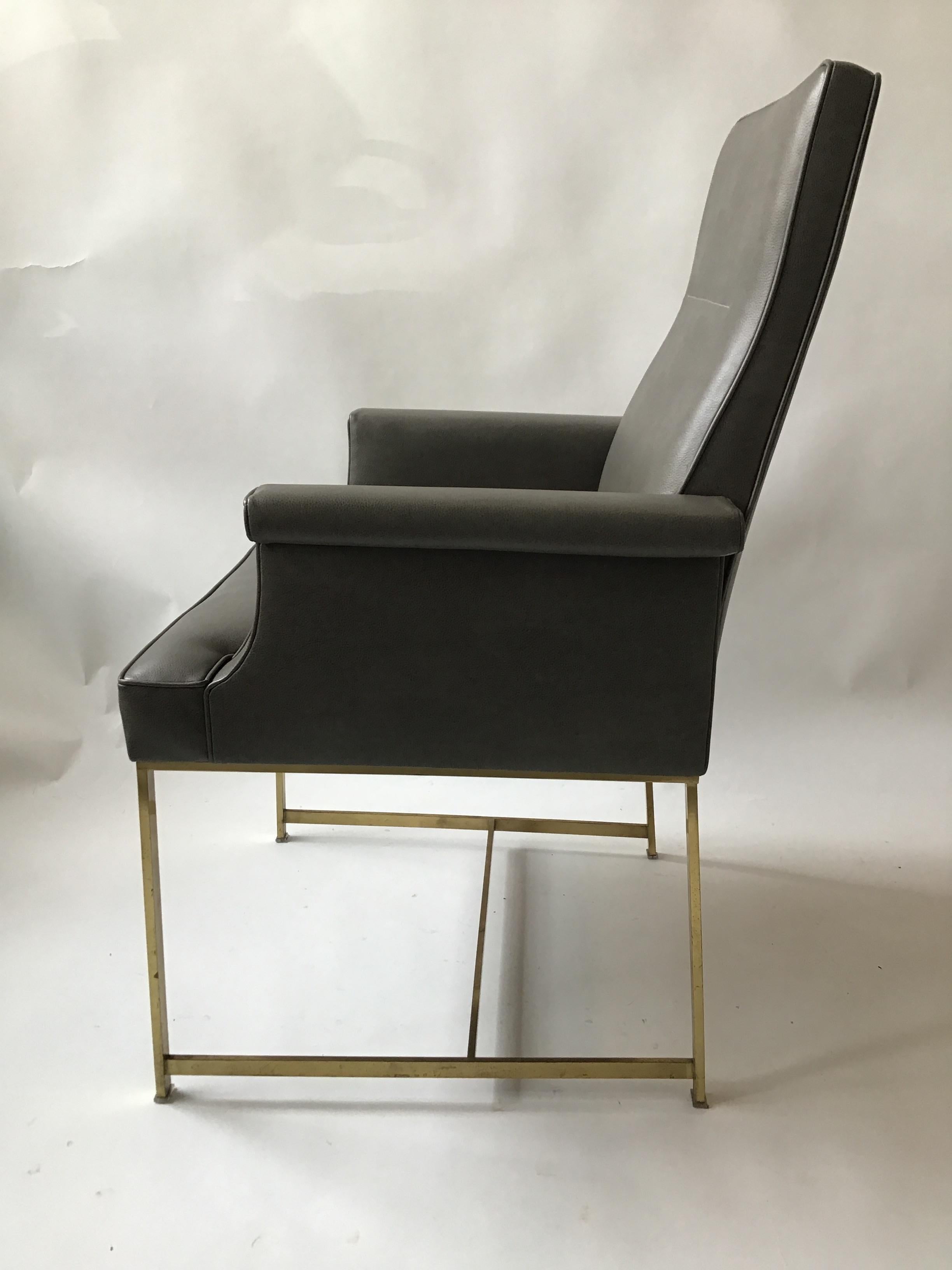Pair of Grey Leather Armchairs on Brass Bases 2