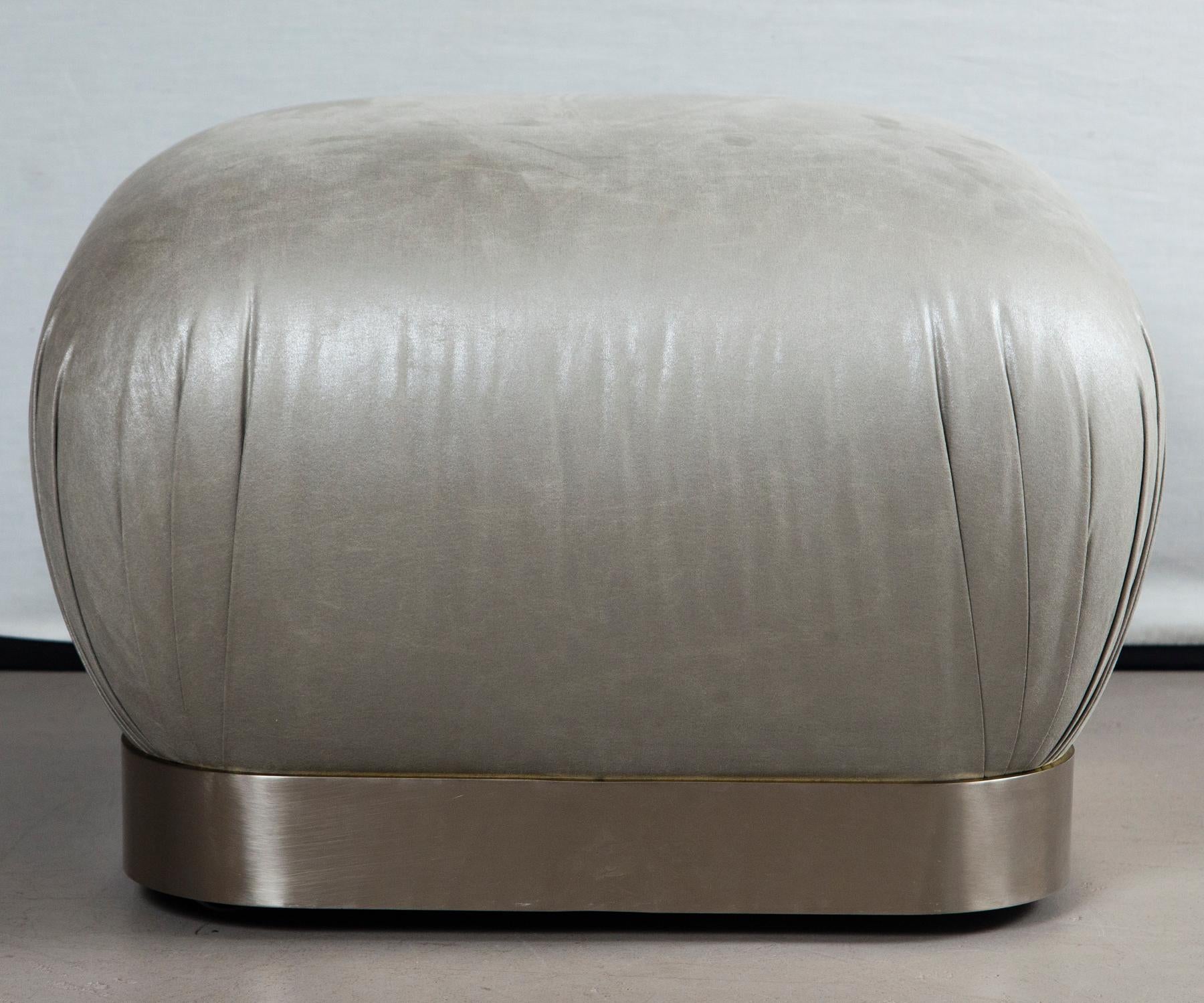 Mid-Century Modern Grey Leather & Stainless Steel Karl Springer Style Souffle Ottomans Wheels, Pair