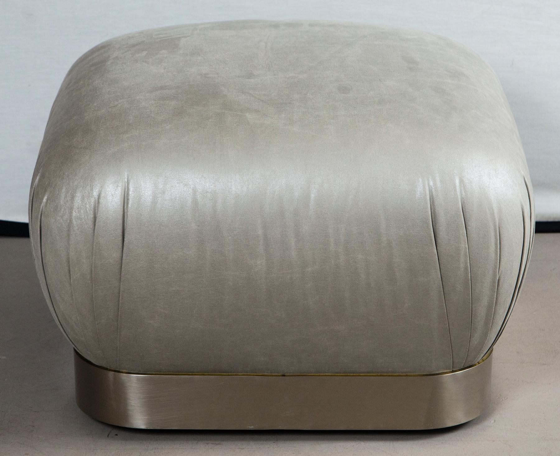 American Grey Leather & Stainless Steel Karl Springer Style Souffle Ottomans Wheels, Pair