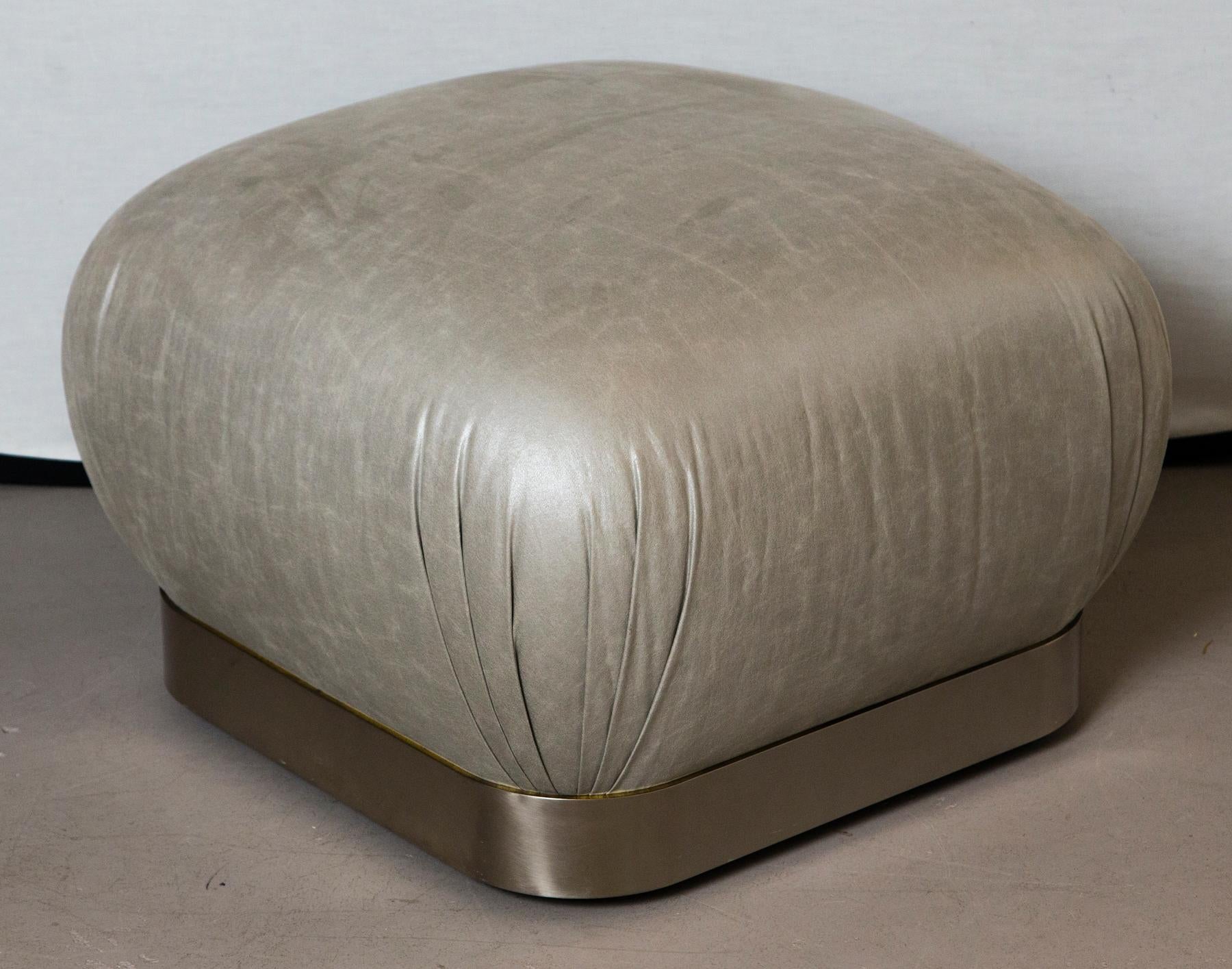 Grey Leather & Stainless Steel Karl Springer Style Souffle Ottomans Wheels, Pair In Good Condition In Westport, CT