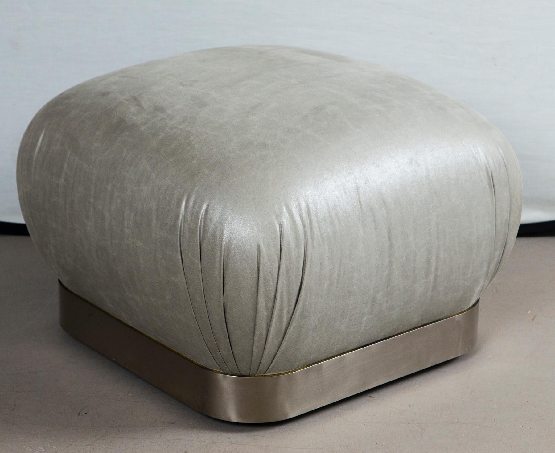 Late 20th Century Grey Leather & Stainless Steel Karl Springer Style Souffle Ottomans Wheels, Pair