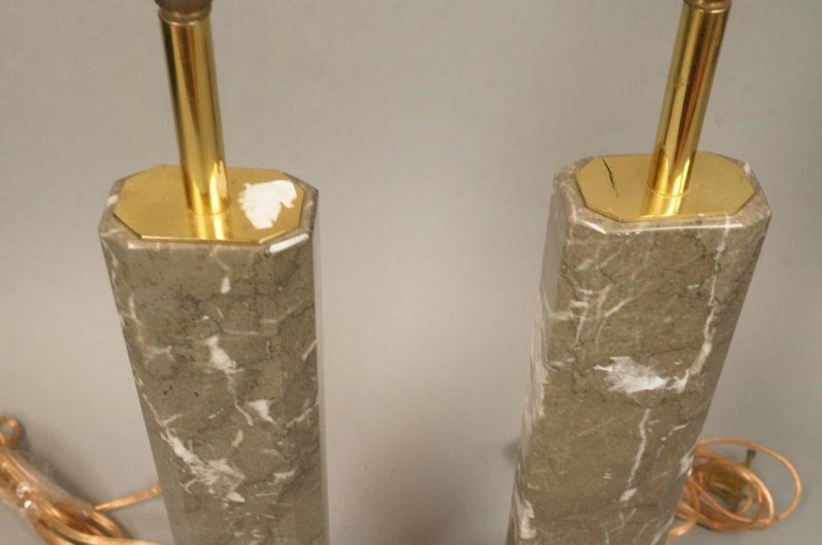 Pair of Grey Marble Column Table Lamps In Good Condition For Sale In Atlanta, GA