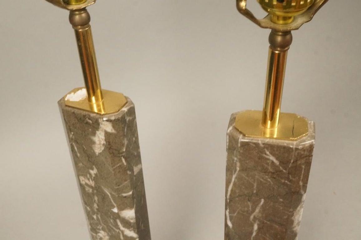 Pair of Grey Marble Column Table Lamps For Sale 2