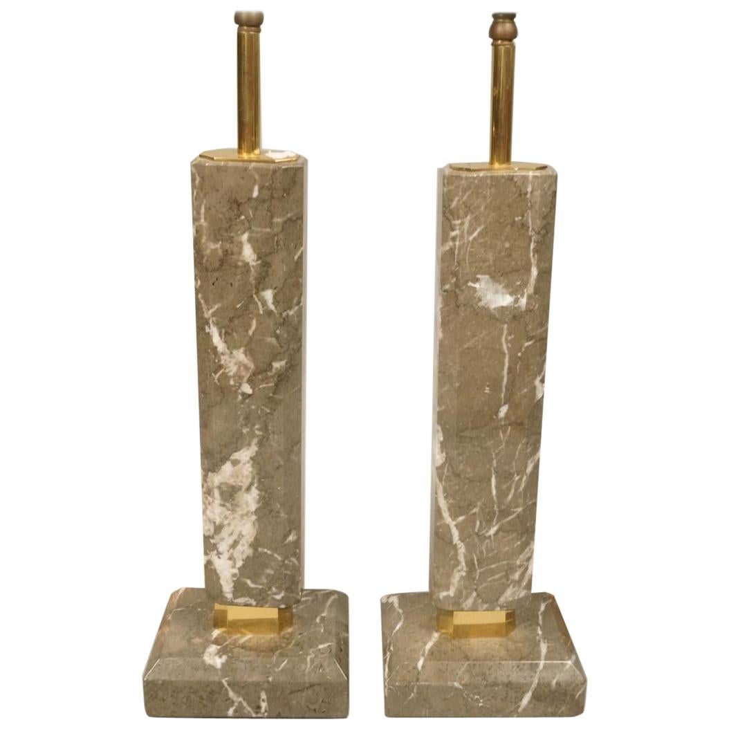 Pair of Grey Marble Column Table Lamps For Sale