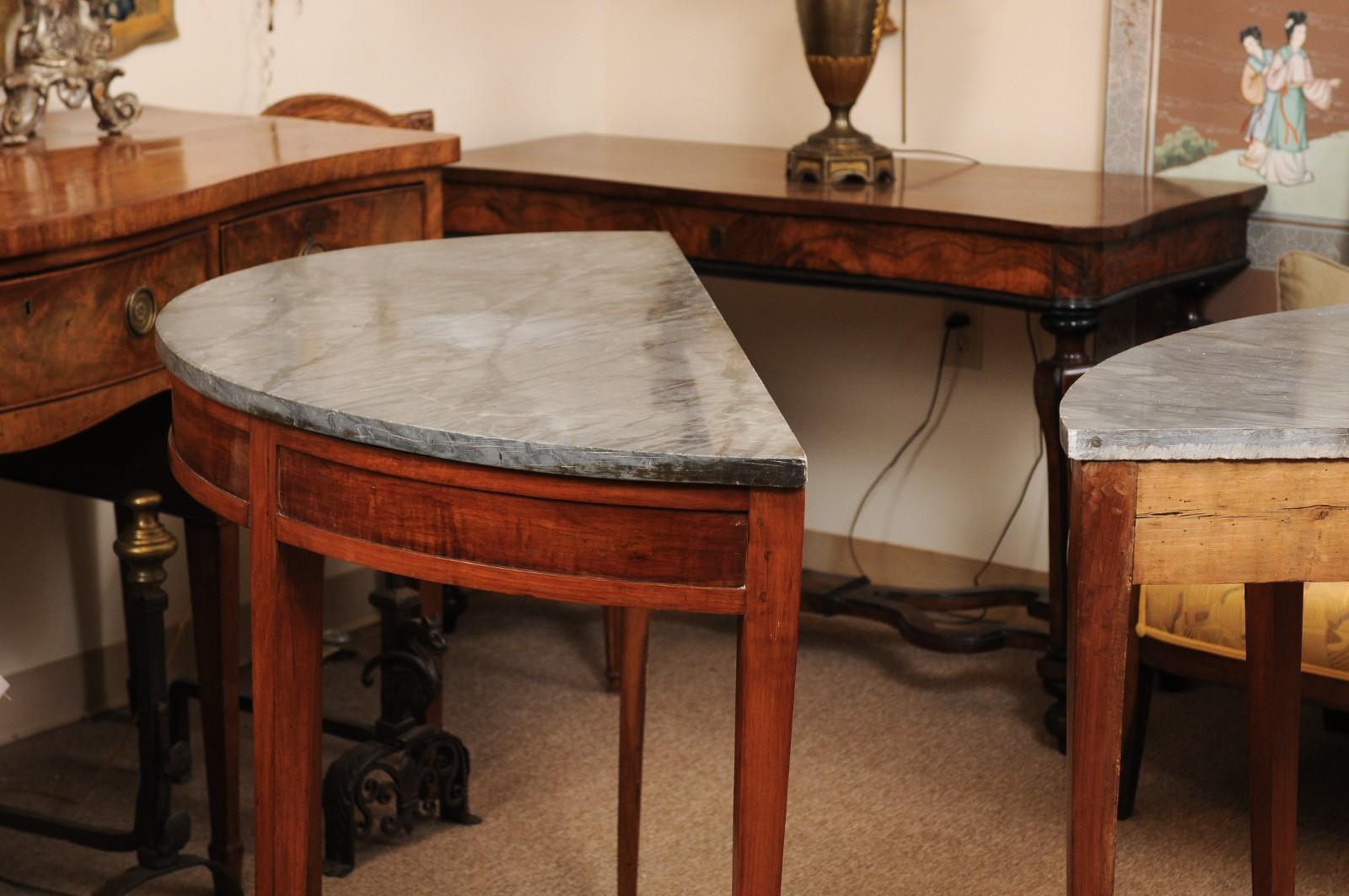 Pair of Grey Marble Top Fruitwood Demilune Console Tables, Late 19th Century 7