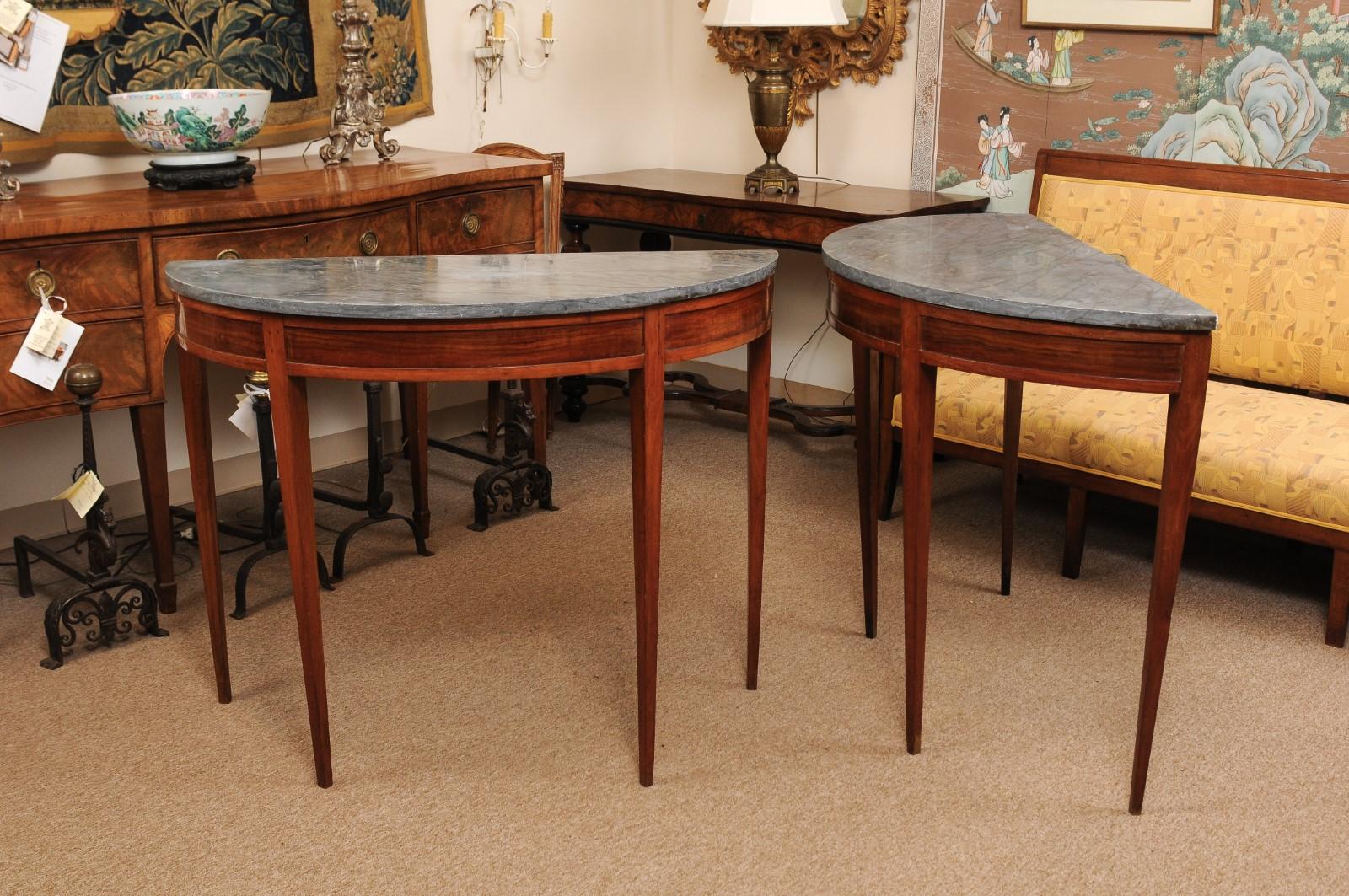 Pair of Grey Marble Top Fruitwood Demilune Console Tables, Late 19th Century 8