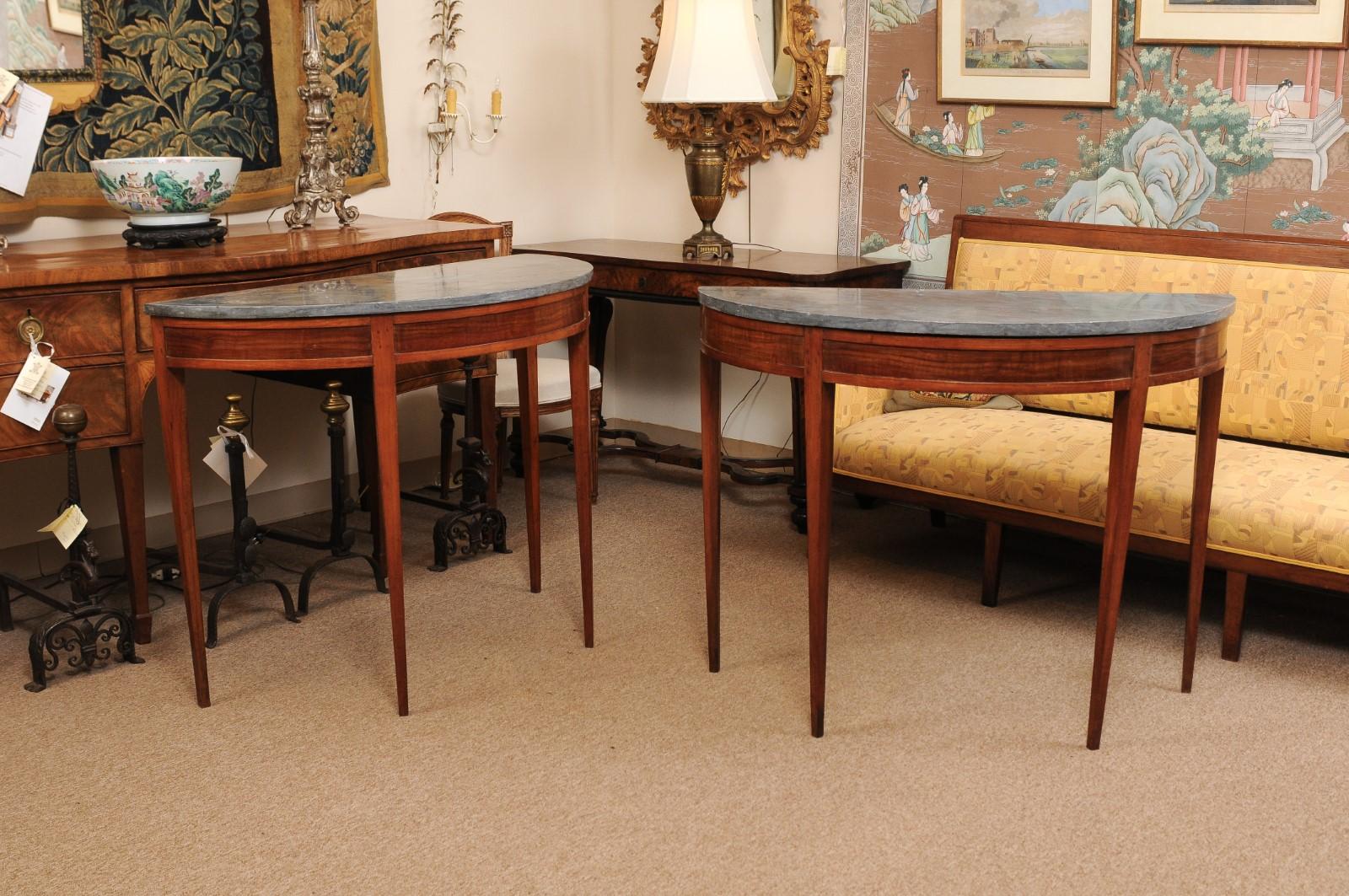Pair of Grey Marble Top Fruitwood Demilune Console Tables, Late 19th Century 12