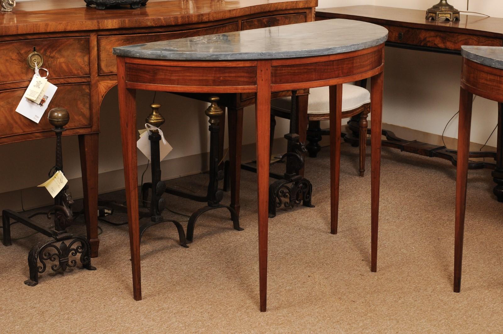 Pair of Grey Marble Top Fruitwood Demilune Console Tables, Late 19th Century 14