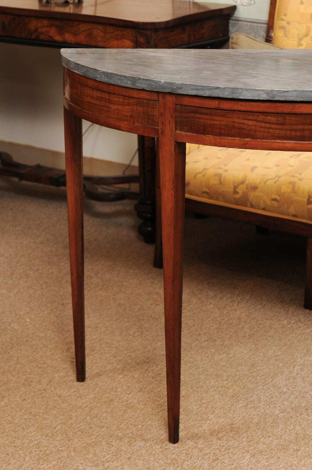 Neoclassical Pair of Grey Marble Top Fruitwood Demilune Console Tables, Late 19th Century