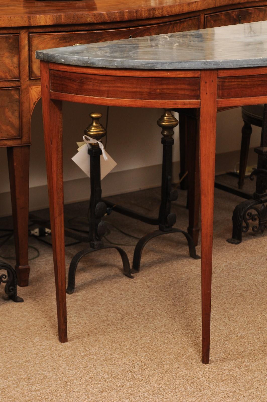 European Pair of Grey Marble Top Fruitwood Demilune Console Tables, Late 19th Century