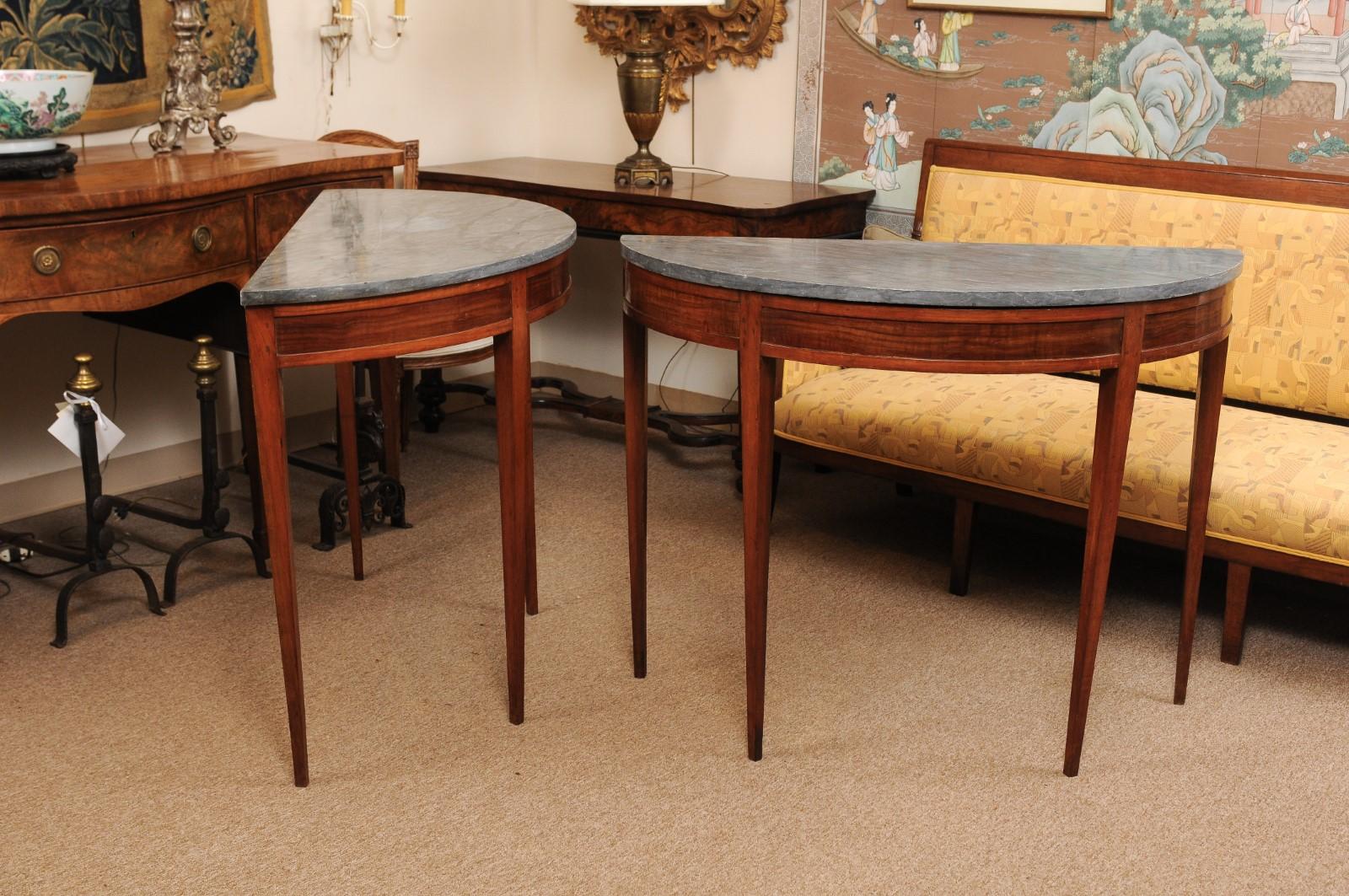 Pair of Grey Marble Top Fruitwood Demilune Console Tables, Late 19th Century In Good Condition In Atlanta, GA