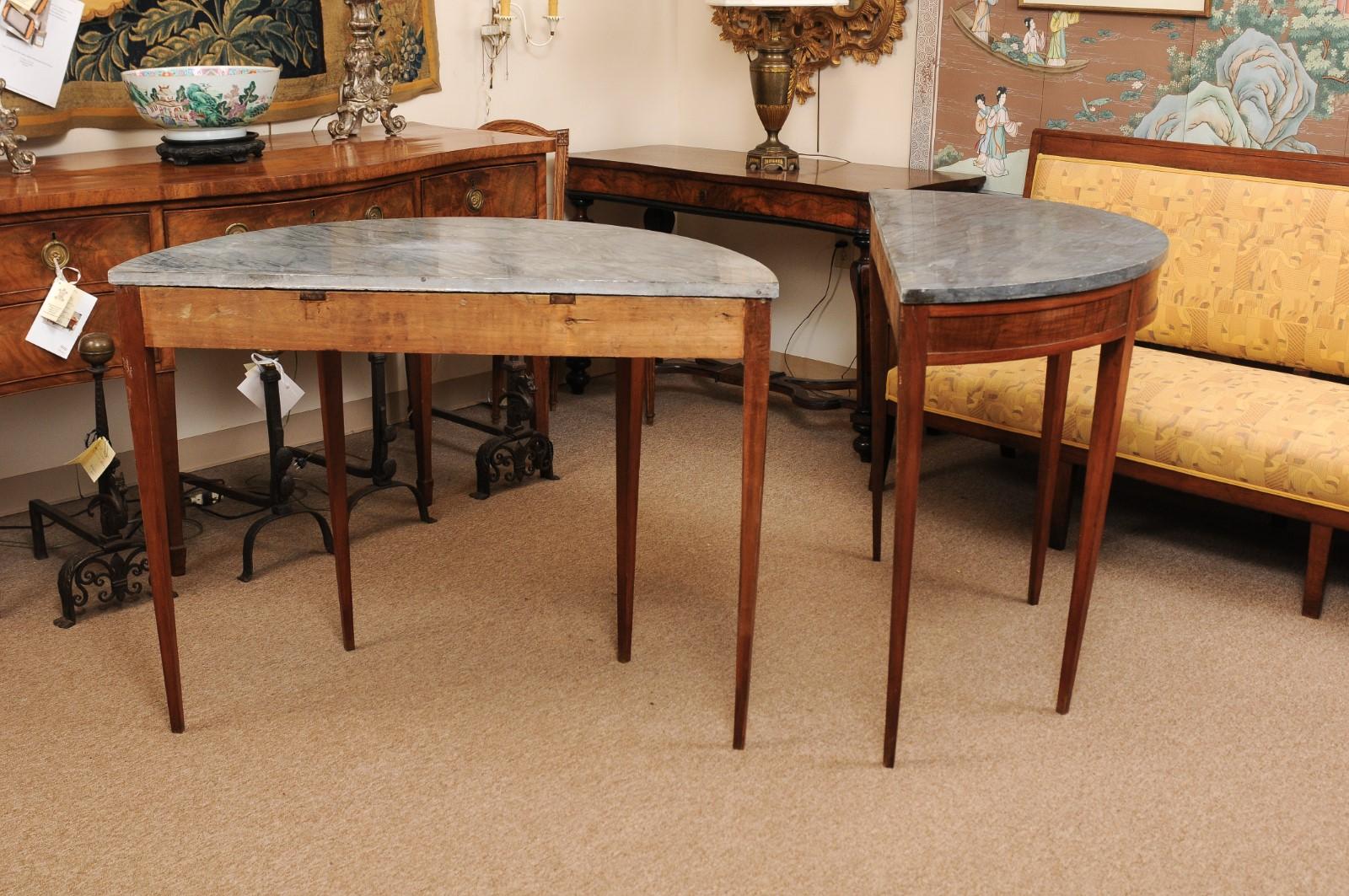 Pair of Grey Marble Top Fruitwood Demilune Console Tables, Late 19th Century 1