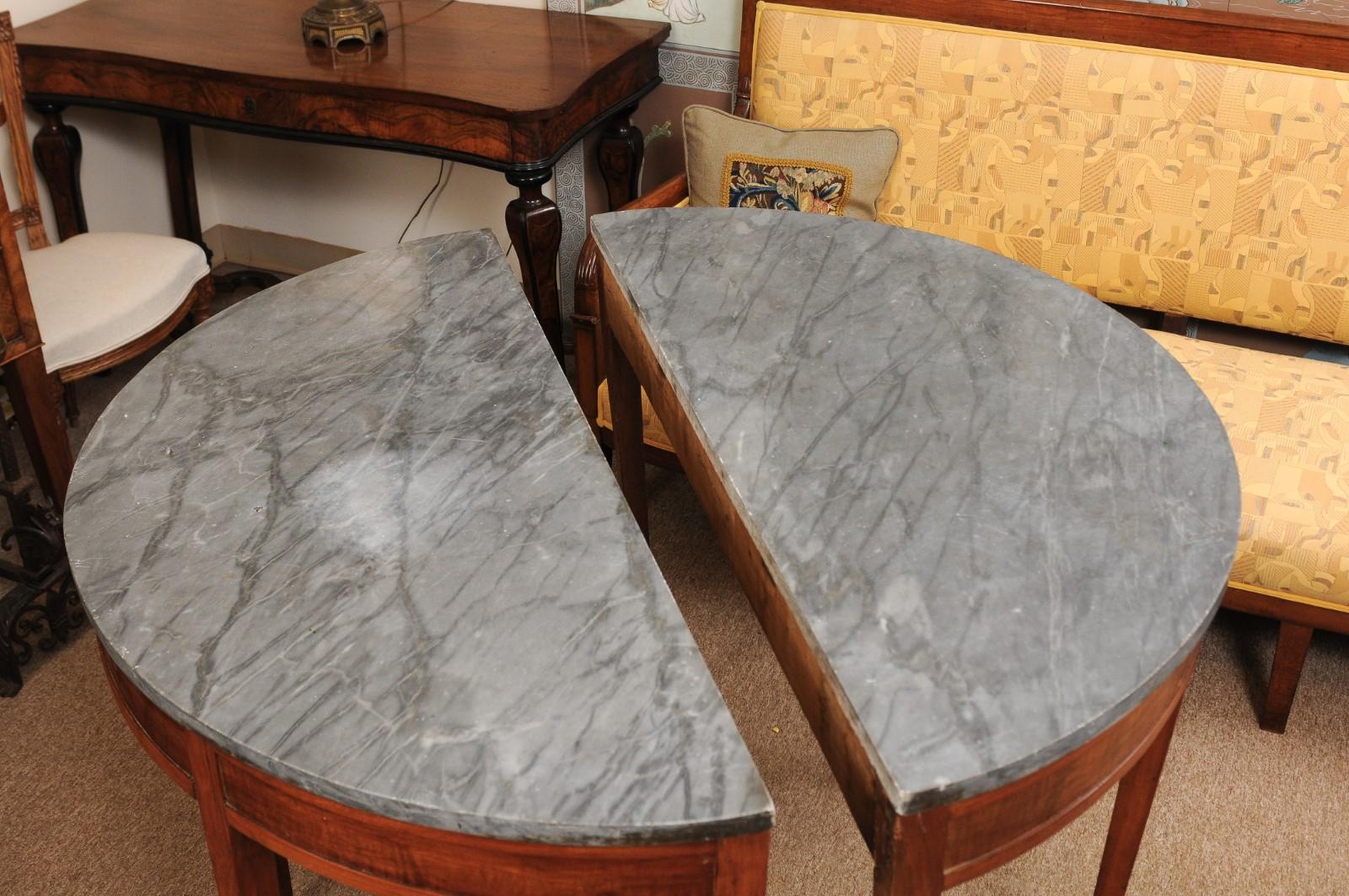 Pair of Grey Marble Top Fruitwood Demilune Console Tables, Late 19th Century 4