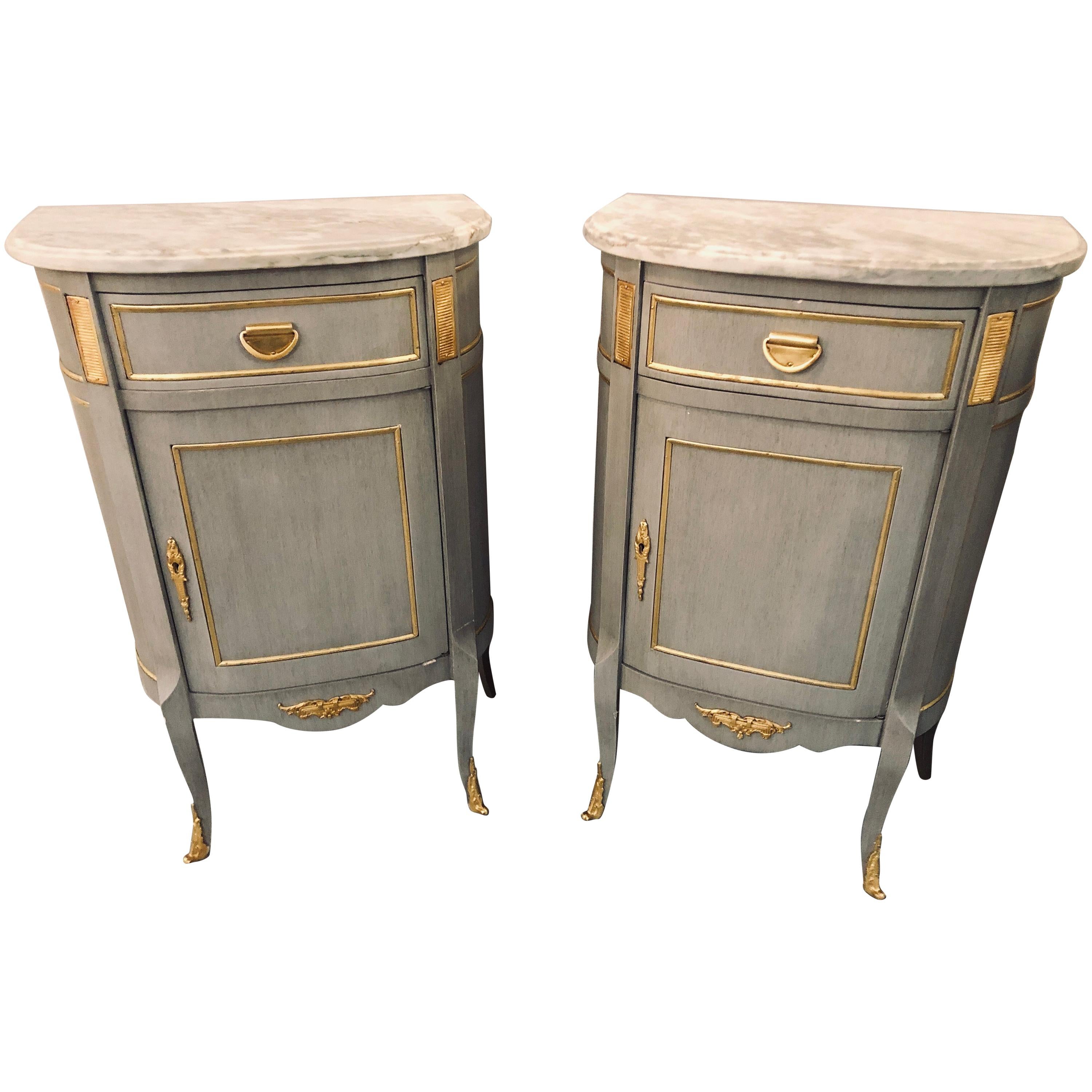 Pair of Grey Marble Top Louis XV Style Nightstand or End Tables or Side Tables