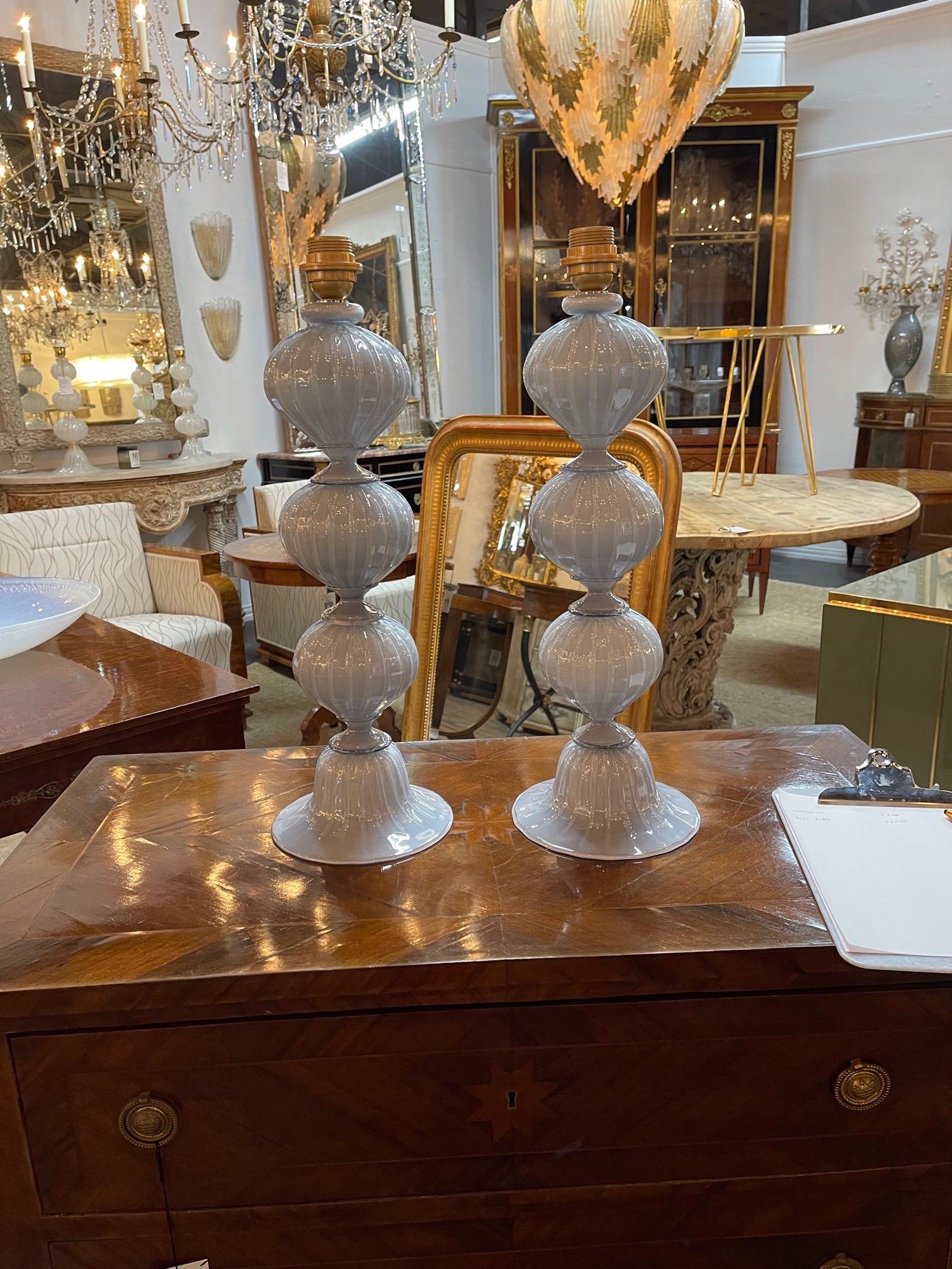 Great pair of light grey Murano glass ball form lamps. This pair is very fine quality and would add a real touch of elegance to a fine home!